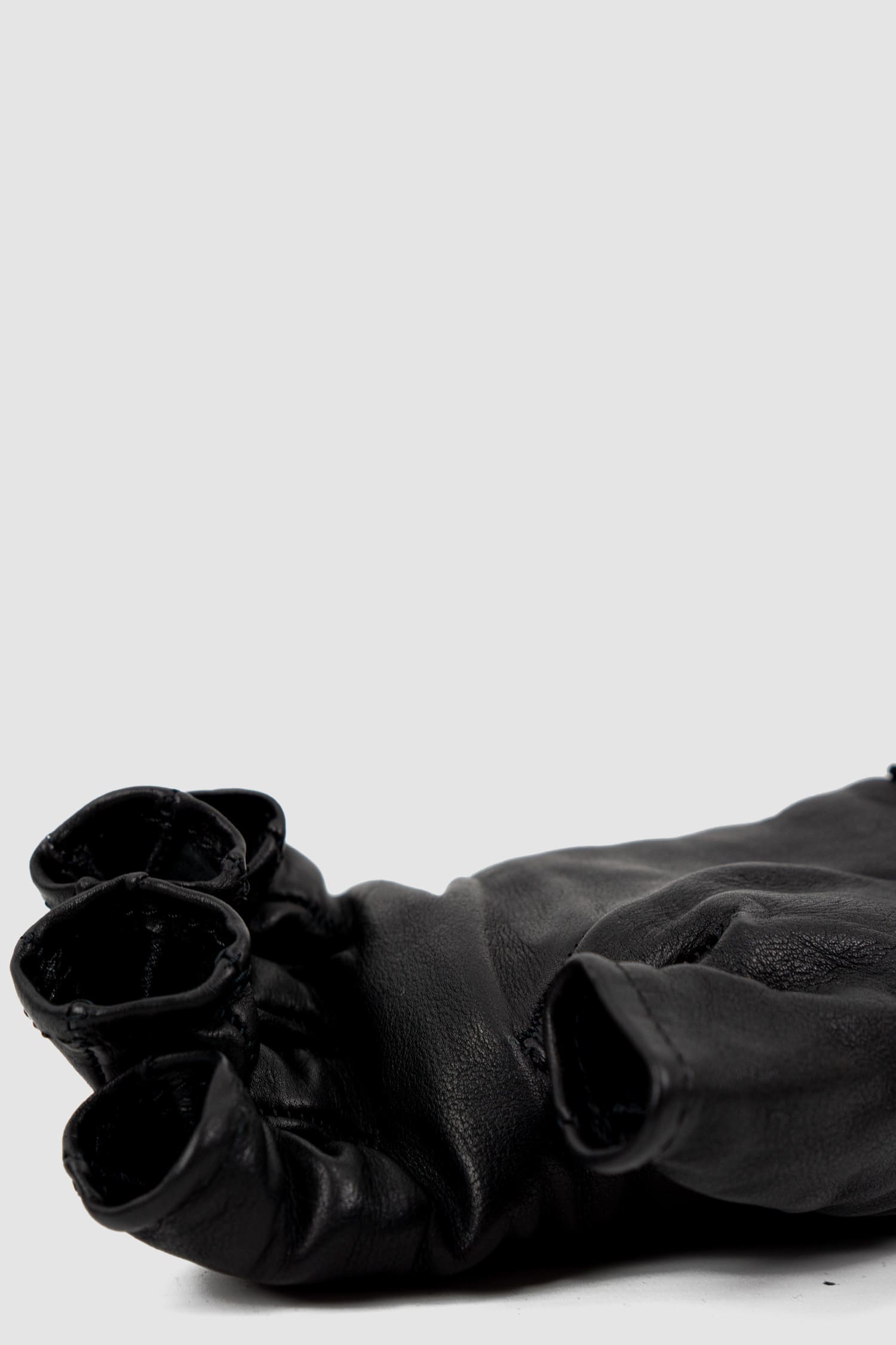 0.Hide - close up finger view of Vegetable Tanned Black Kangaroo Leather Gloves. From the Permanent Collection with Perforated Leather