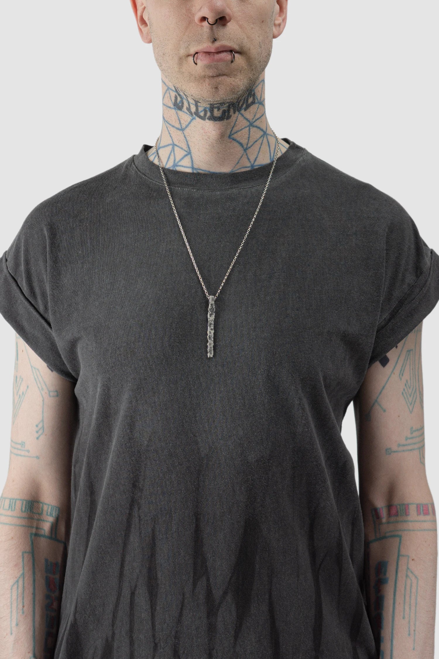 2819 Jewelry - Melted Minimalistic Oxidized Silver Pendant on model