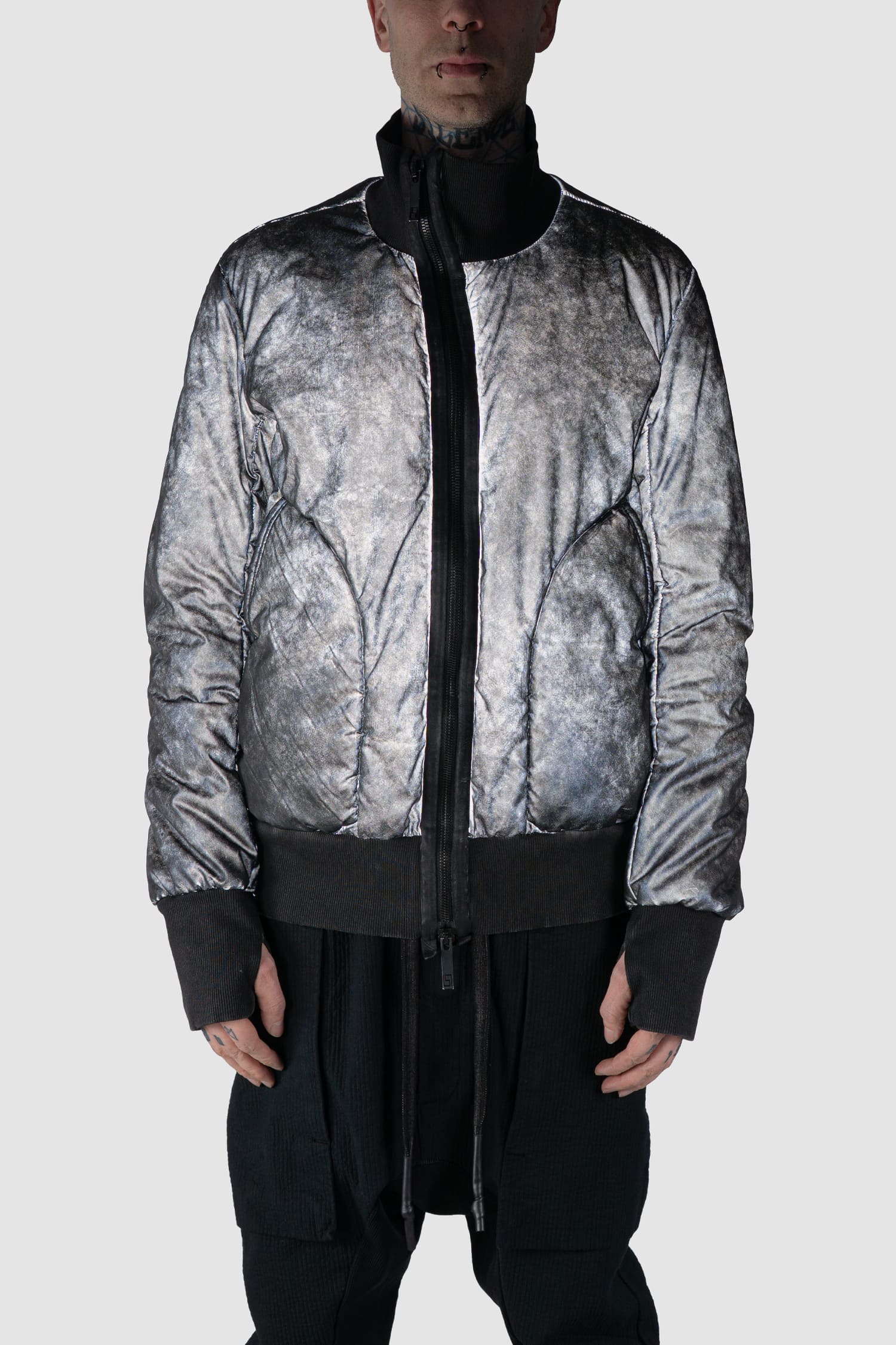 69 by Isaac Sellam - front effect view of grey Reflective Object-Dyed Padded Nylon Bomber Jacket