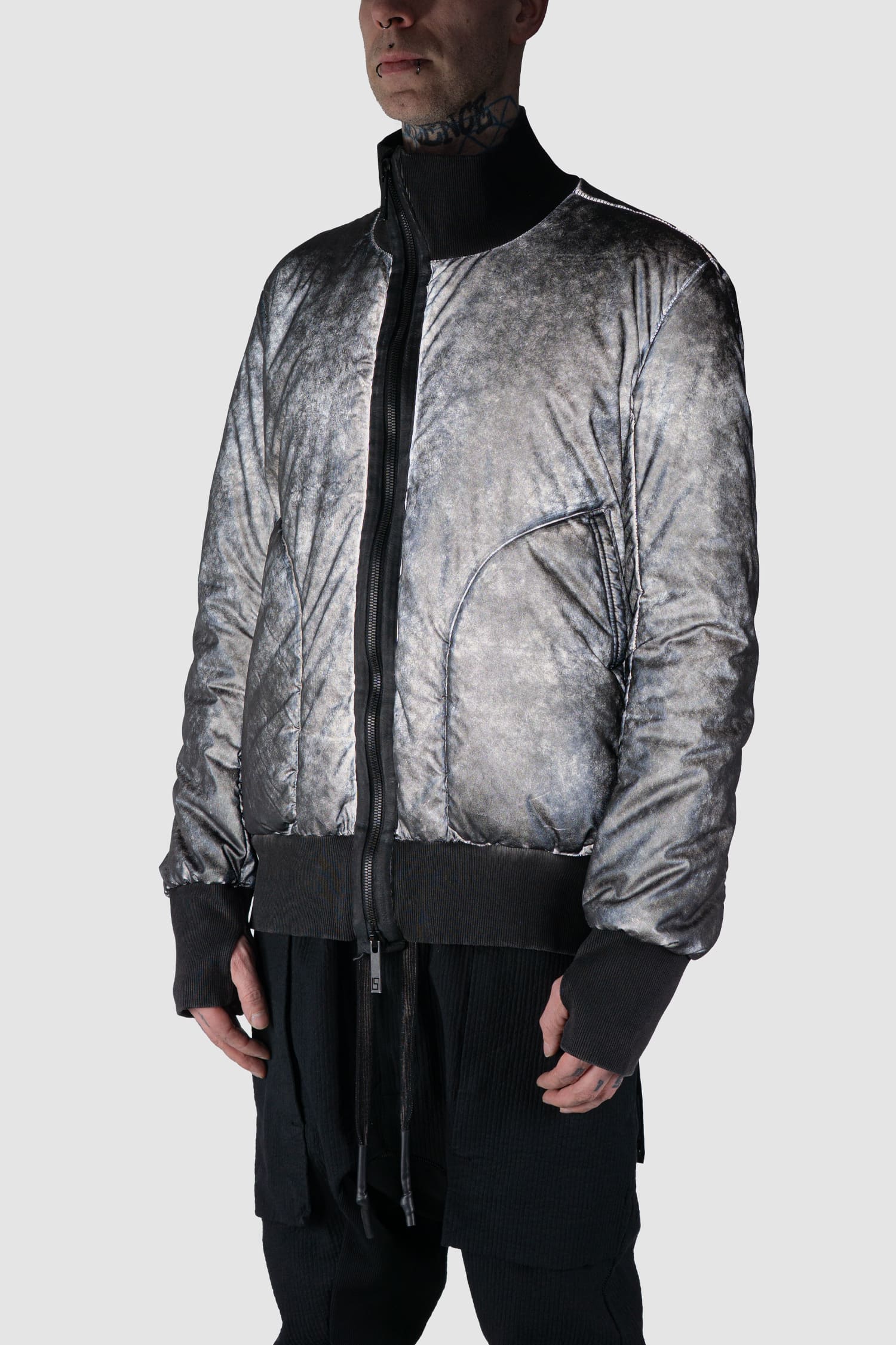 69 by Isaac Sellam - side effect view of grey Reflective Object-Dyed Padded Nylon Bomber Jacket