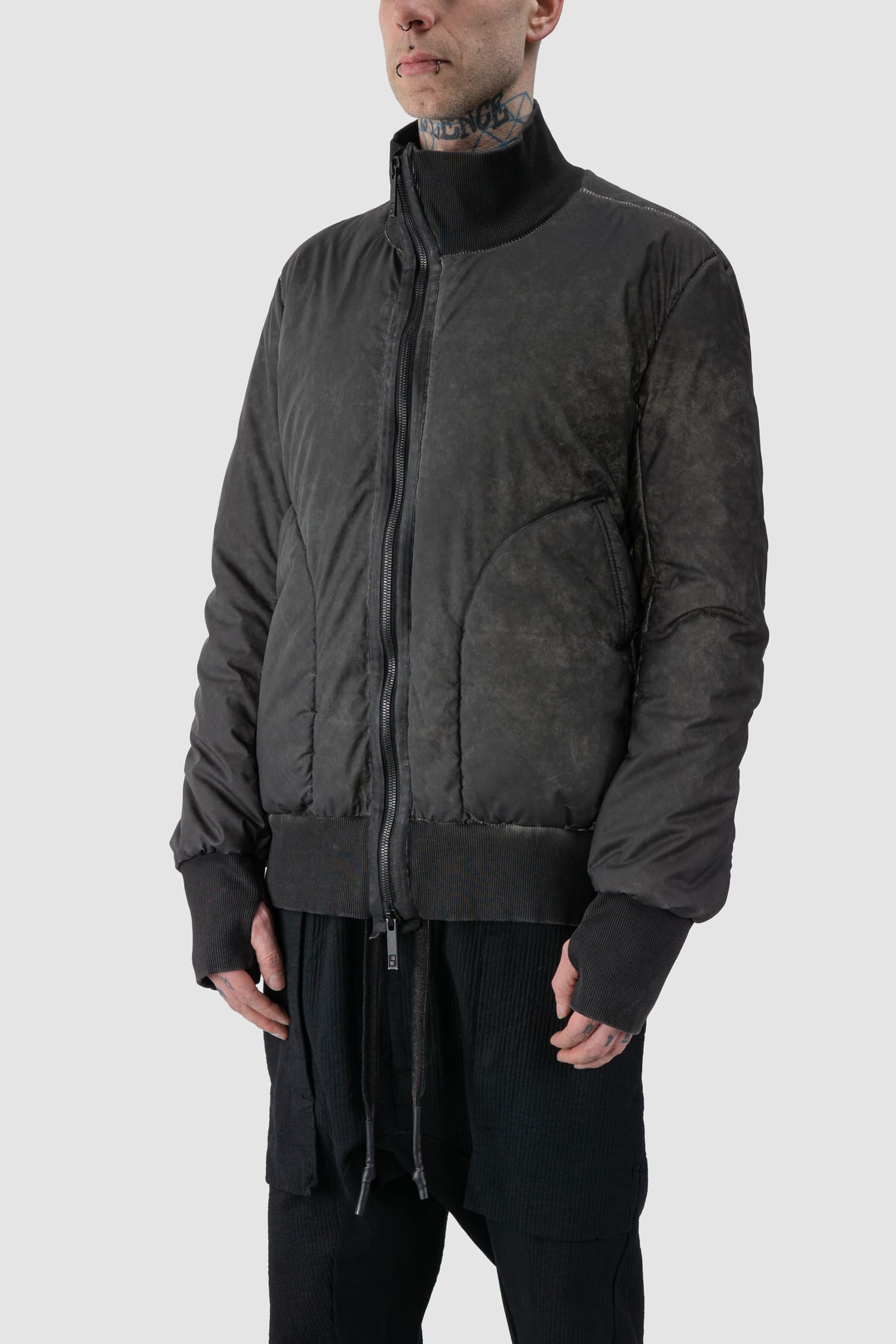69 by Isaac Sellam - side view of grey Reflective Object-Dyed Padded Nylon Bomber Jacket