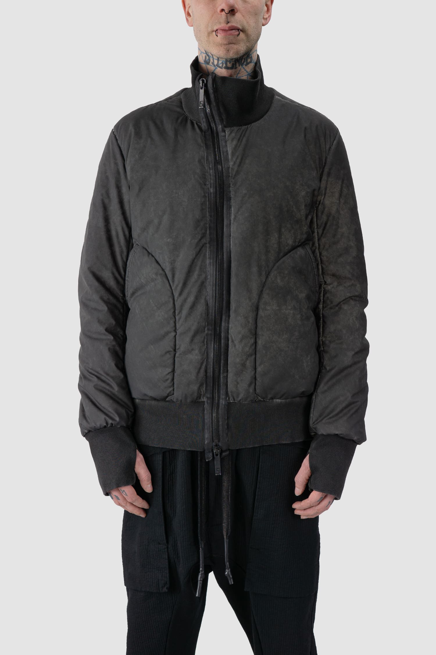69 by Isaac Sellam - front view of grey Reflective Object-Dyed Padded Nylon Bomber Jacket