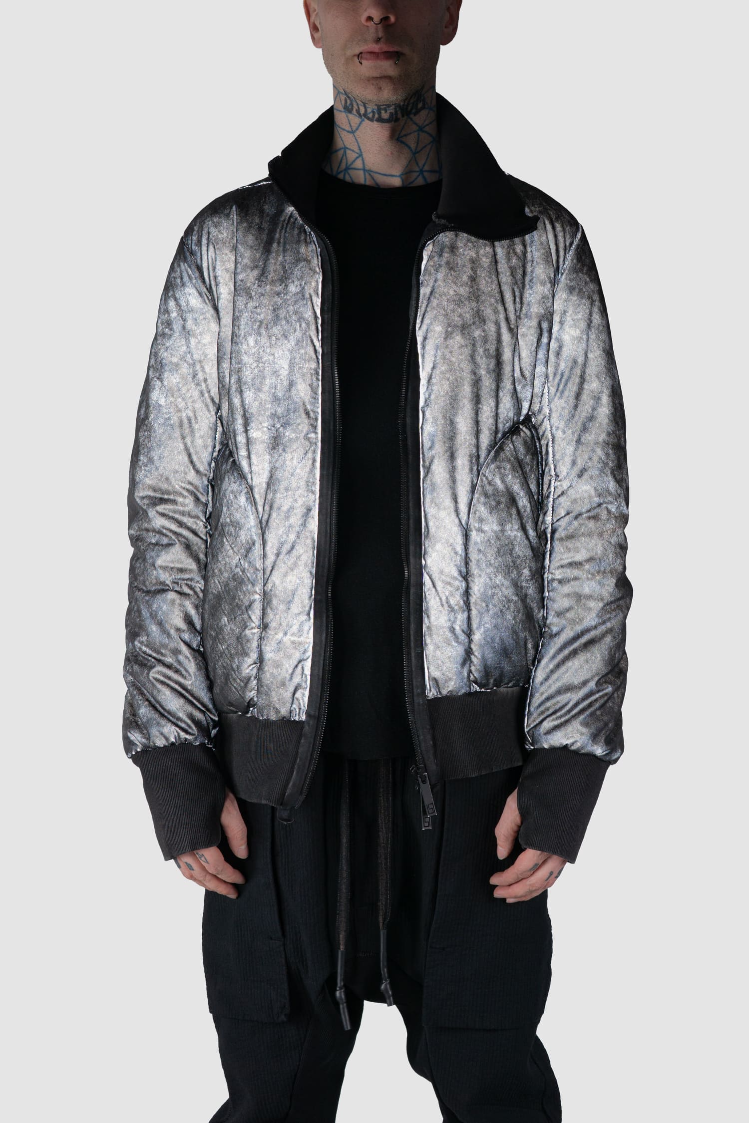 69 by Isaac Sellam - front open effect view of grey Reflective Object-Dyed Padded Nylon Bomber Jacket