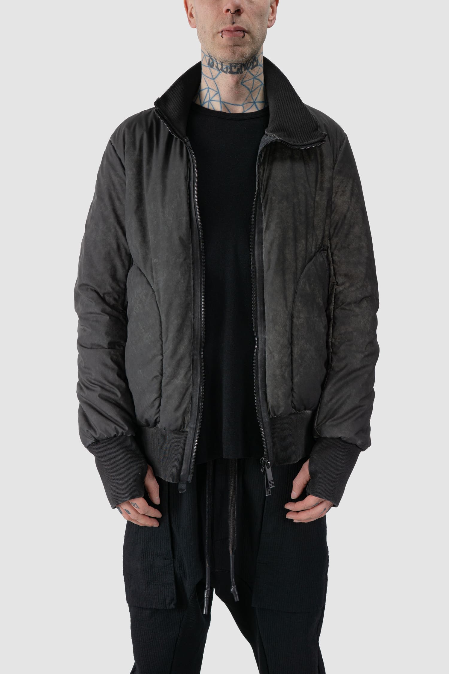 69 by Isaac Sellam - front open view of grey Reflective Object-Dyed Padded Nylon Bomber Jacket