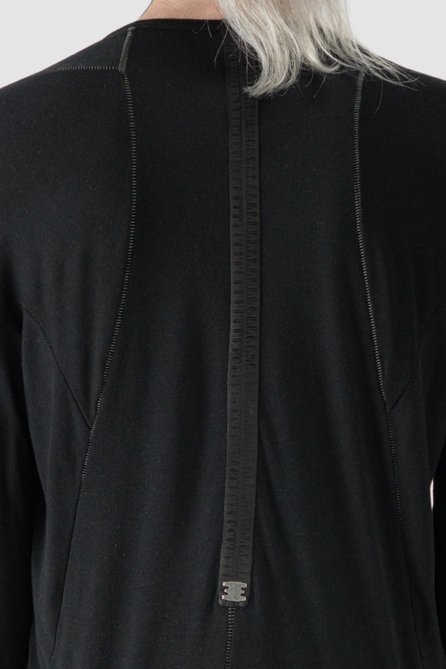 69 by Isaac Sellam - model back detail of Black Cashmere Blend Raglan Long Sleeve T-Shirt