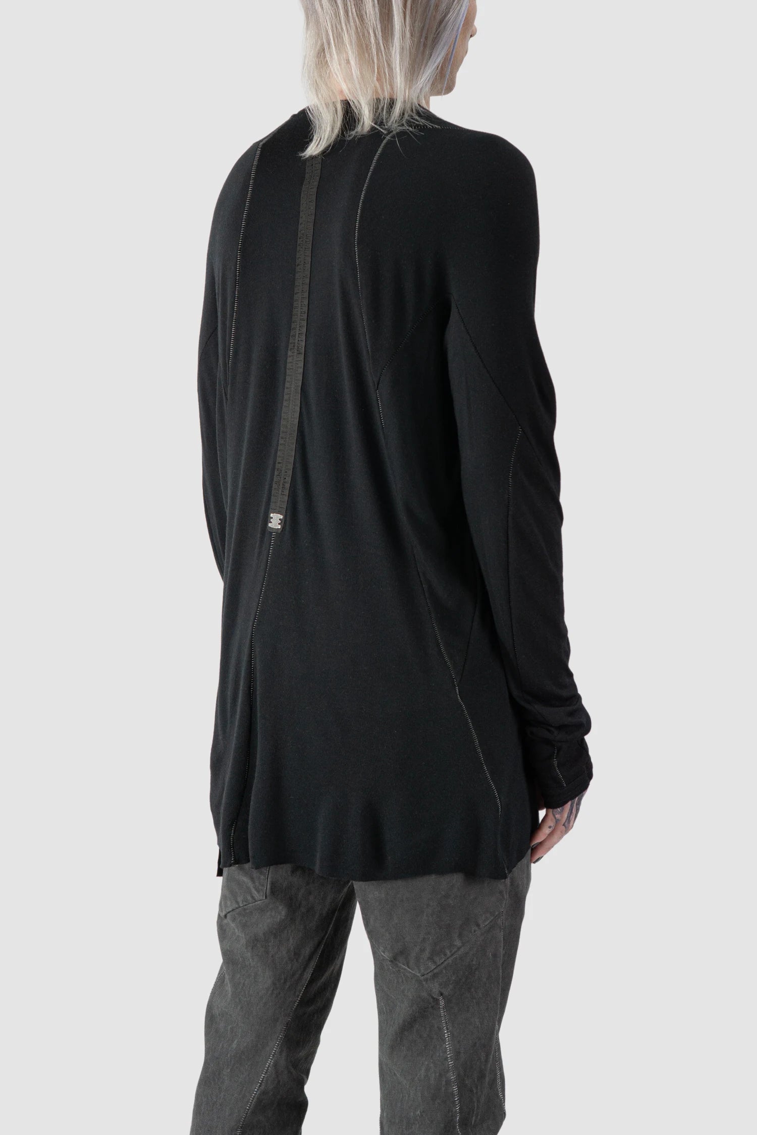 69 by Isaac Sellam - model back side view of Black Cashmere Blend Raglan Long Sleeve T-Shirt