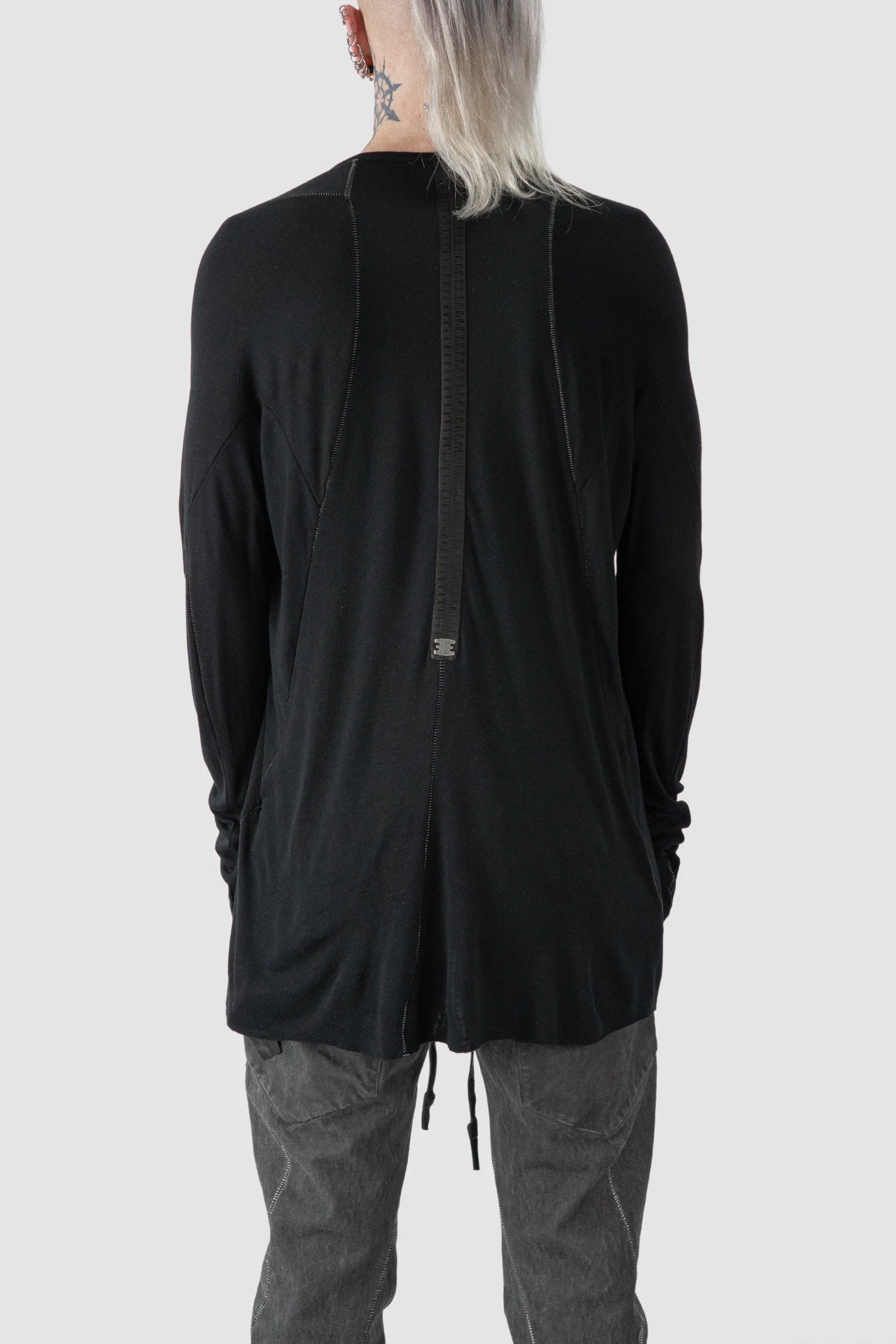 69 by Isaac Sellam - model back view of Black Cashmere Blend Raglan Long Sleeve T-Shirt
