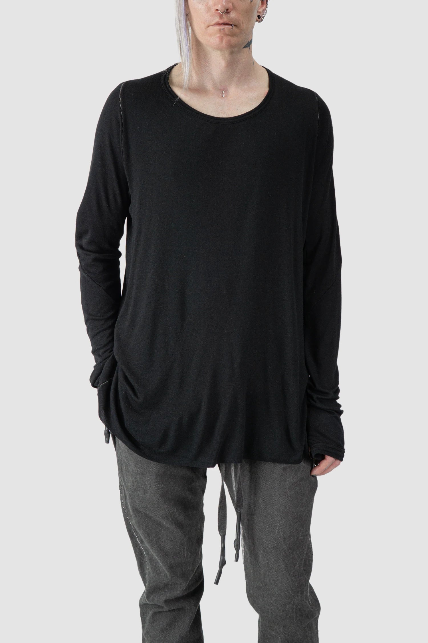 69 by Isaac Sellam - model front relaxed view of Black Cashmere Blend Raglan Long Sleeve T-Shirt