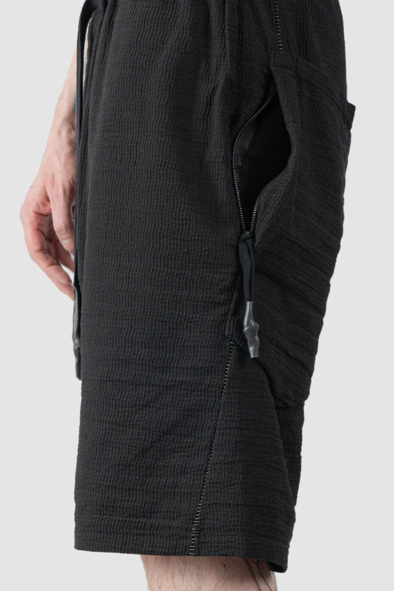 69 by Isaac Sellam - Men’s Black Drop Crotch Hidden Pocket Cotton Shorts pocket detail view