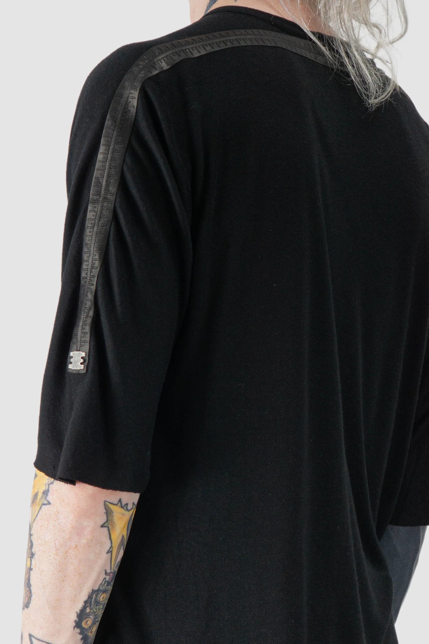 69 by Isaac Sellam - model arm detail of Black Horizontal Leather Spine Cashmere Blend T-Shirt