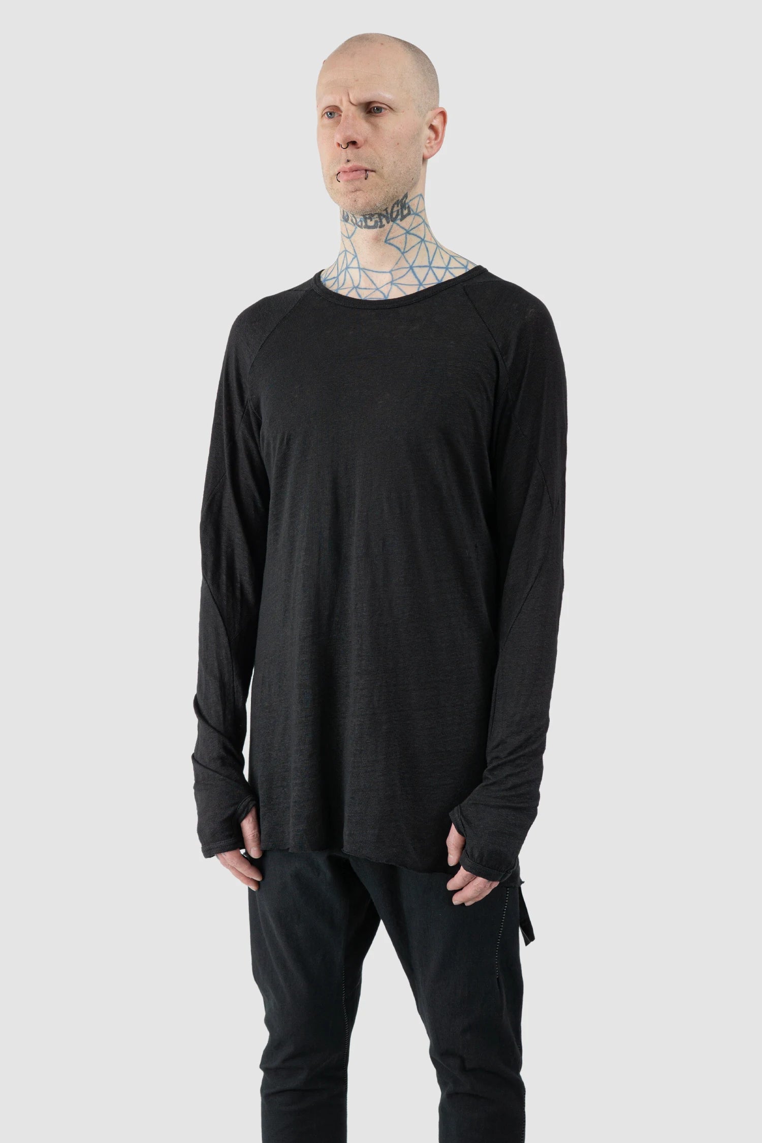 69 by Isaac Sellam - Men’s Black Linen Long Sleeve with Leather Spine model side view