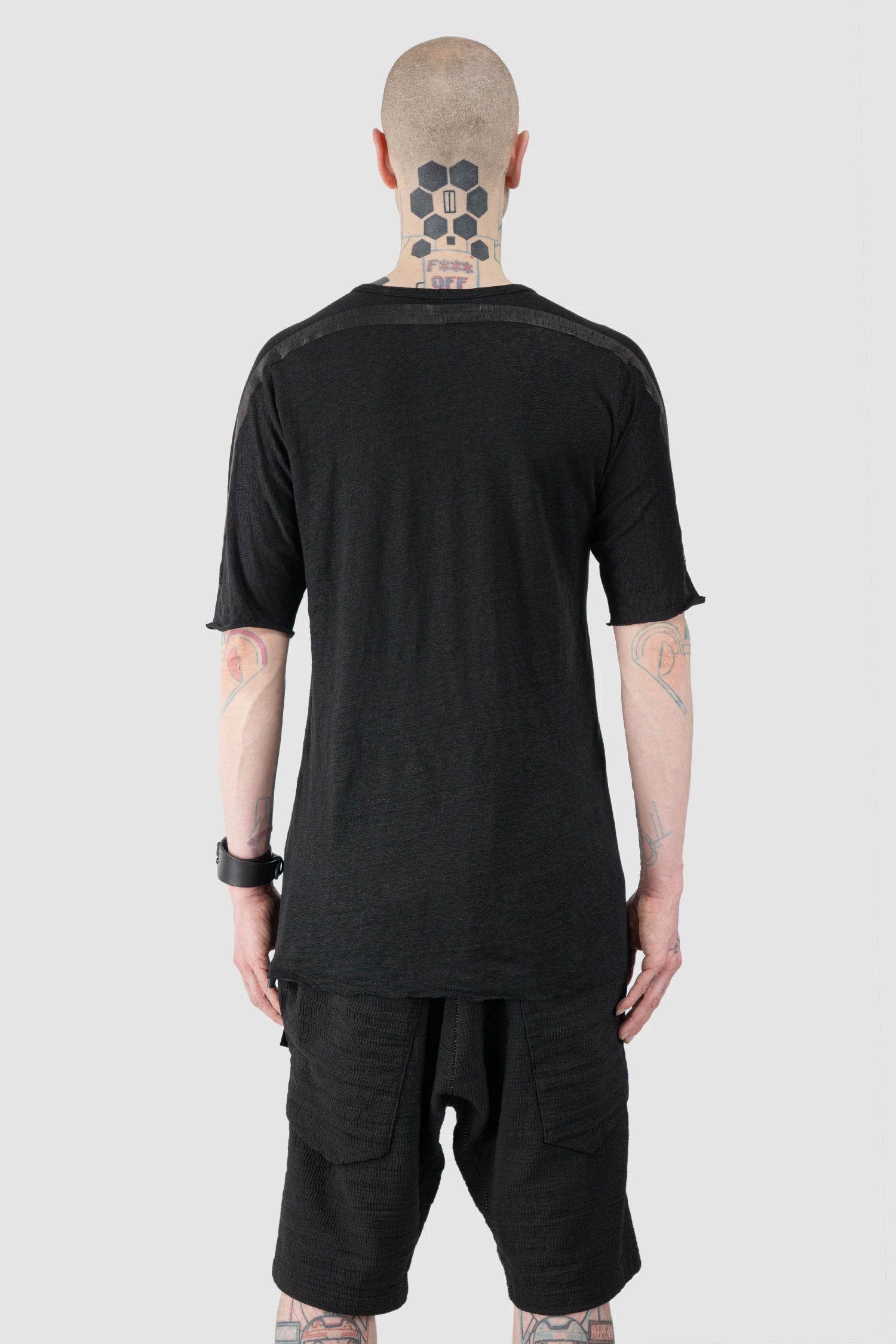 69 by Isaac Sellam - Men’s Black Linen T-Shirt with Horizontal Leather Detail model back view