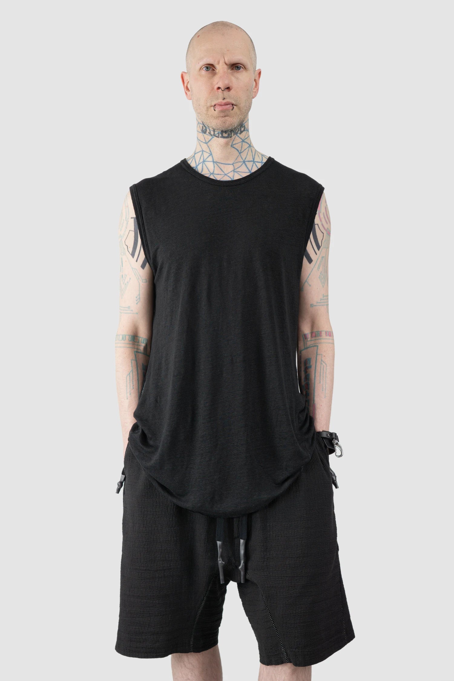 69 by Isaac Sellam - Men’s Black Linen Tank Top with Leather Spine Detail model relaxed view