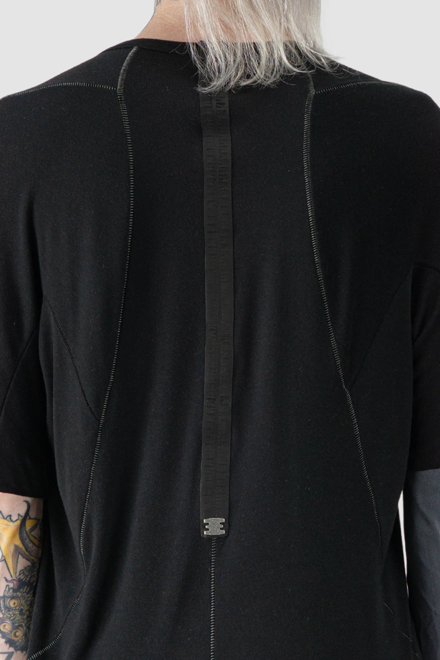 69 by Isaac Sellam - model back detail view of Black Long Leather Spine Cashmere Blend Raglan T-Shirt