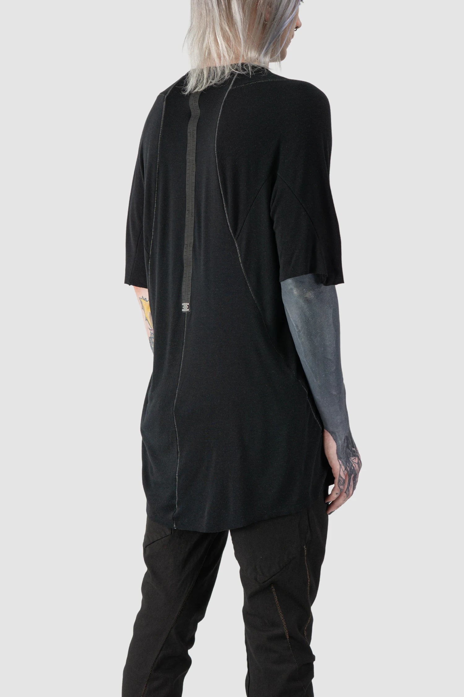 69 by Isaac Sellam - model back side view of Black Long Leather Spine Cashmere Blend Raglan T-Shirt