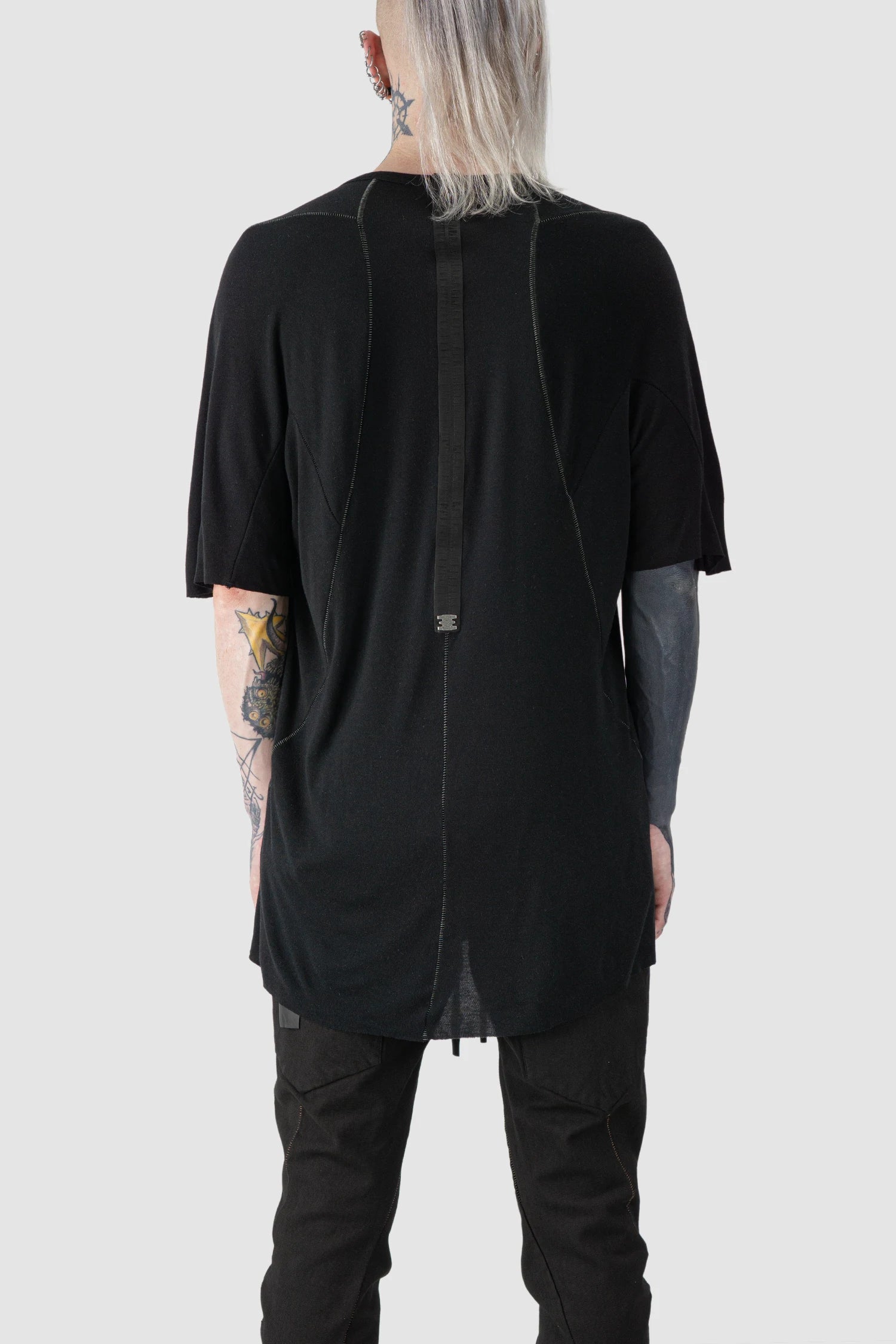 69 by Isaac Sellam - model back view of Black Long Leather Spine Cashmere Blend Raglan T-Shirt