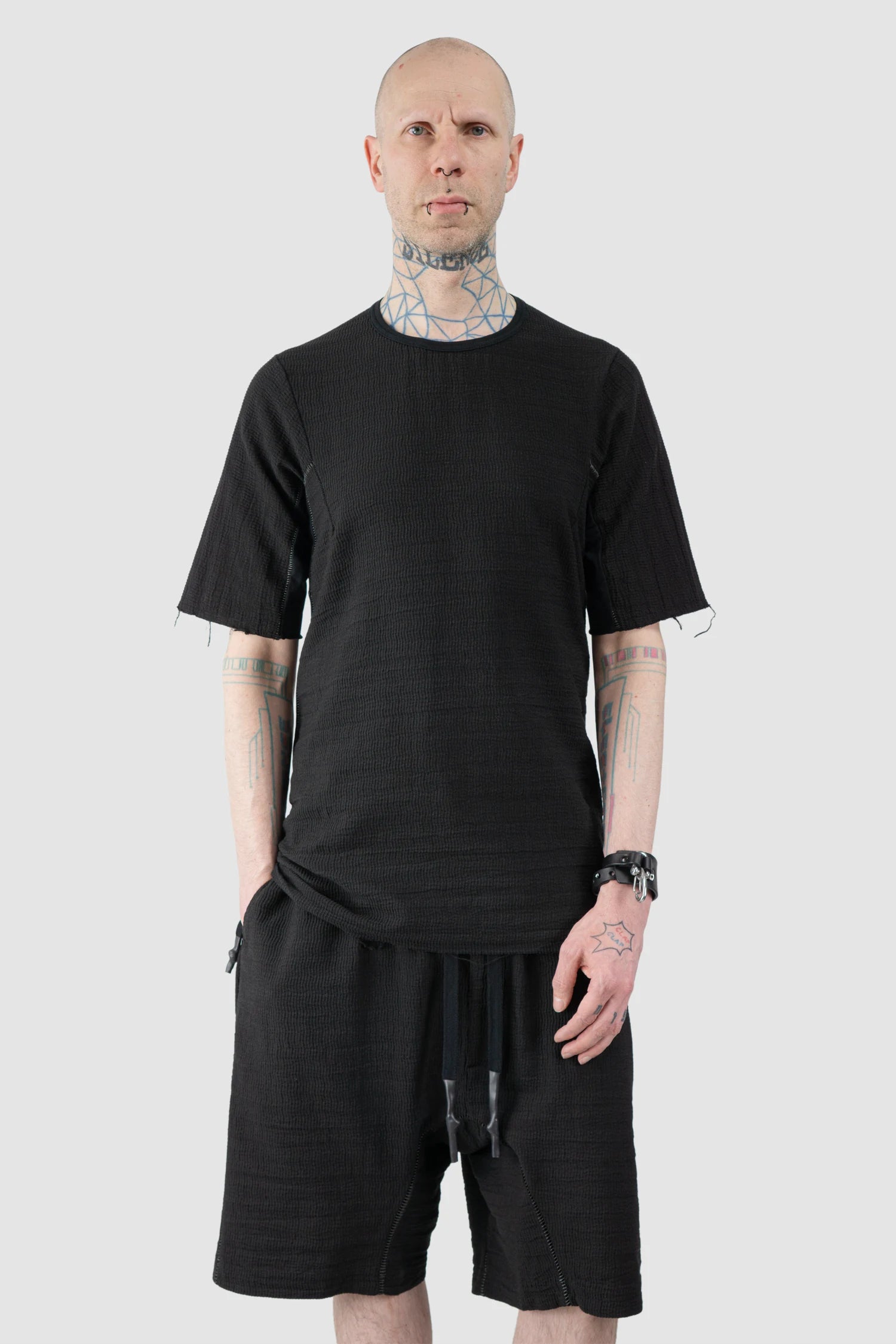 69 by Isaac Sellam - Men’s Black Mixed Structure Cotton T Shirt with Leather Spine model relaxed view