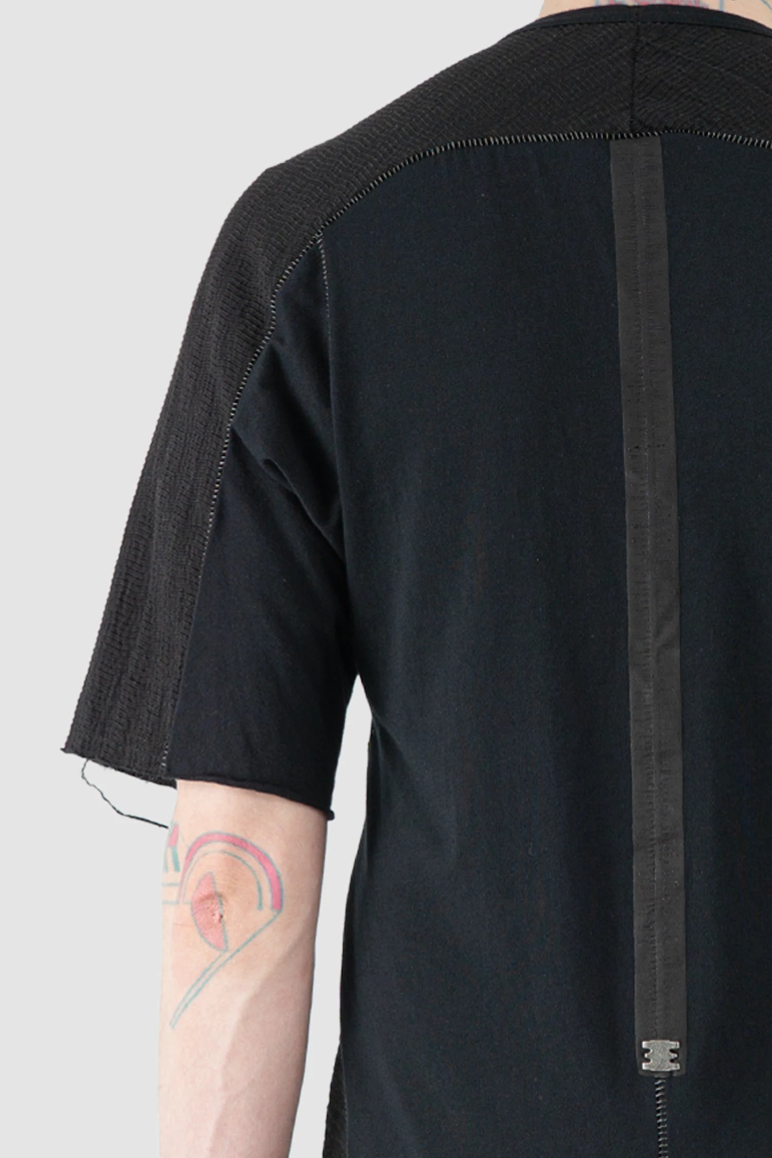 69 by Isaac Sellam - Men’s Black Mixed Structure Cotton T Shirt with Leather Spine shoulder close up view