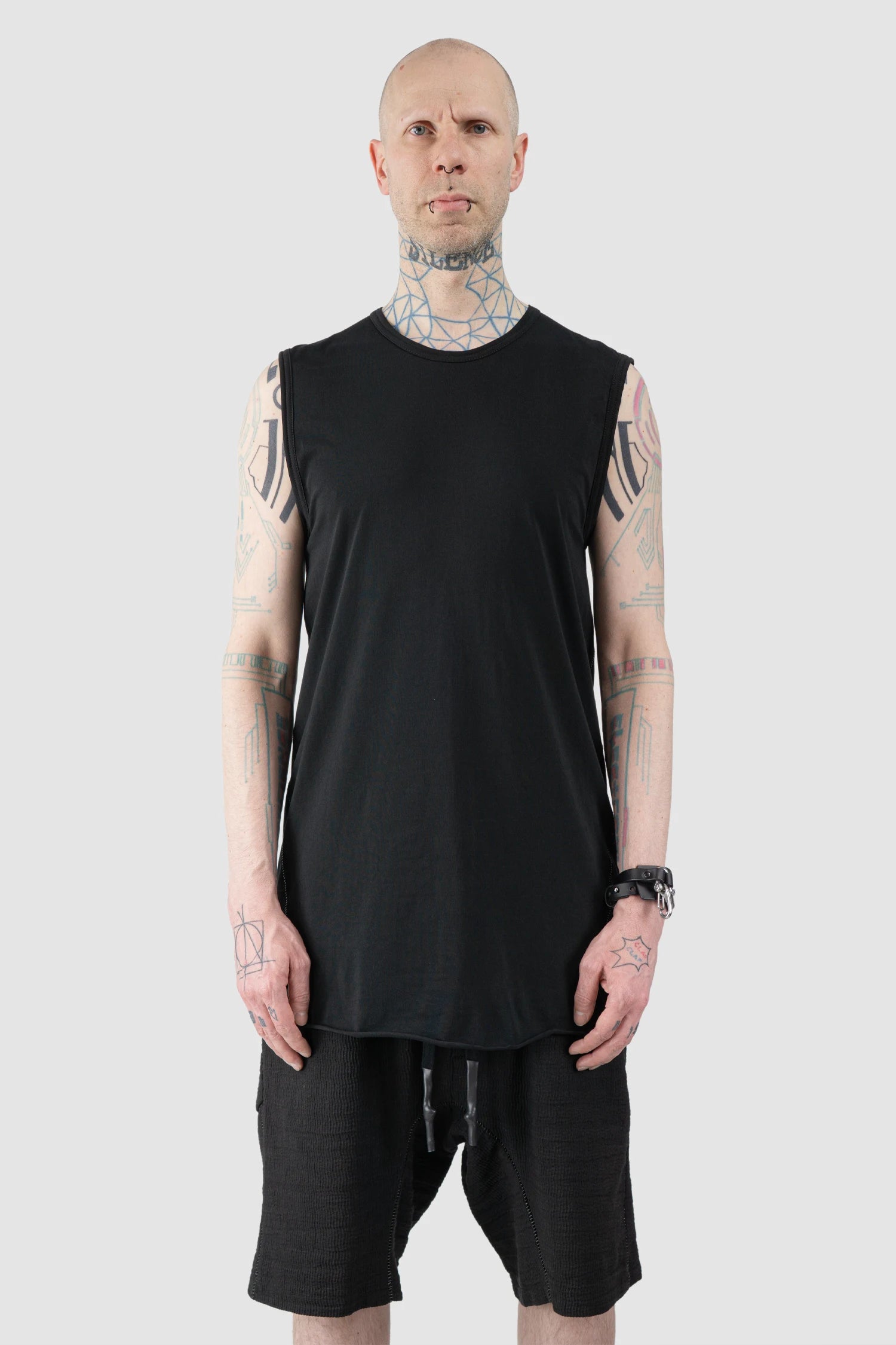 69 by Isaac Sellam - Men’s Black Organic Cotton Jersey Tank Top model front view