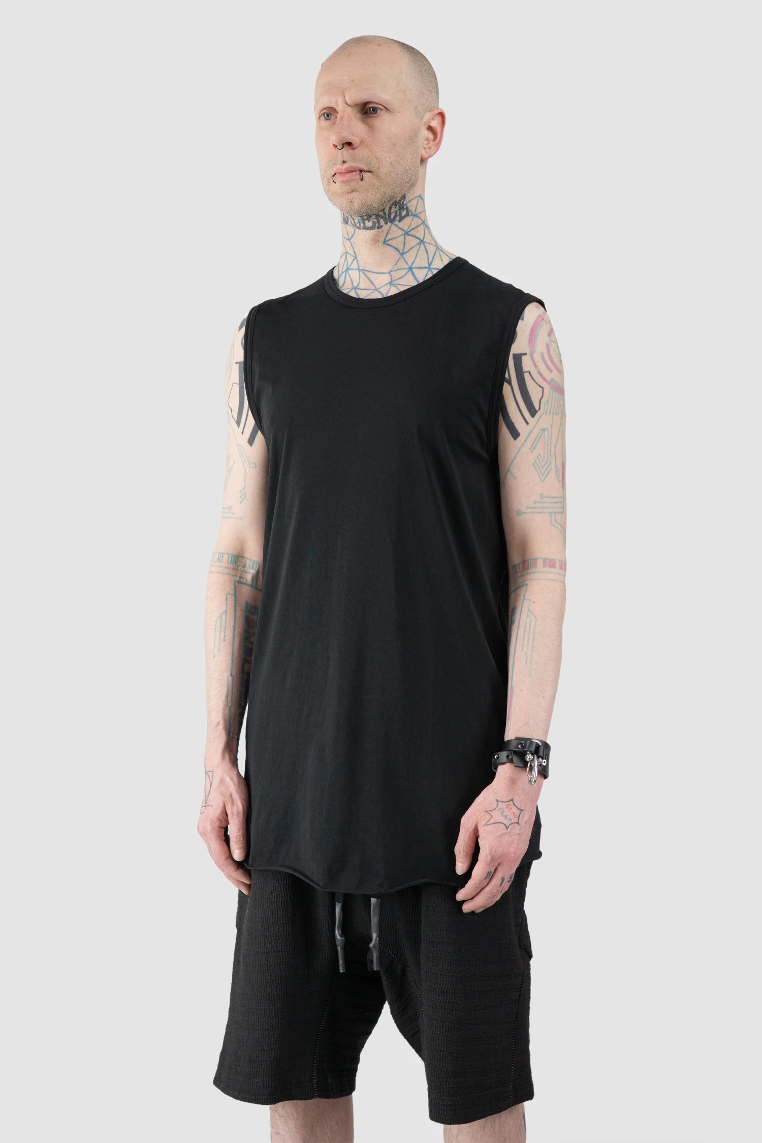 69 by Isaac Sellam - Men’s Black Organic Cotton Jersey Tank Top model side view