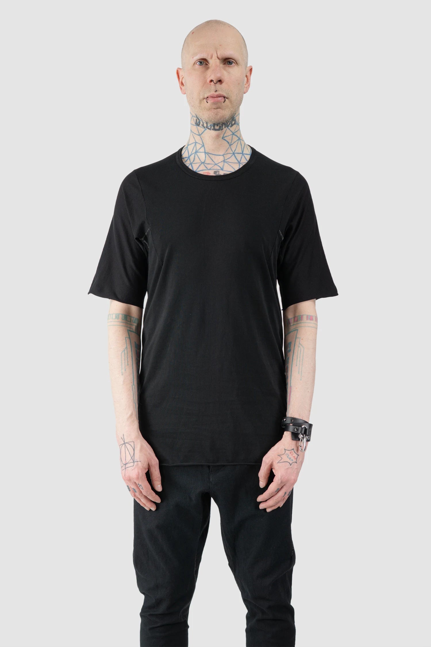 69 by Isaac Sellam - Men’s Black Organic Cotton Raglan T-Shirt model front view