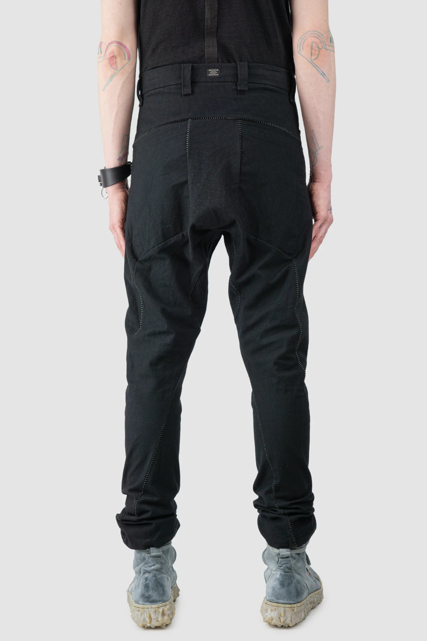69 by Isaac Sellam - Men’s Black Scar Stitch Cotton Trousers model back view
