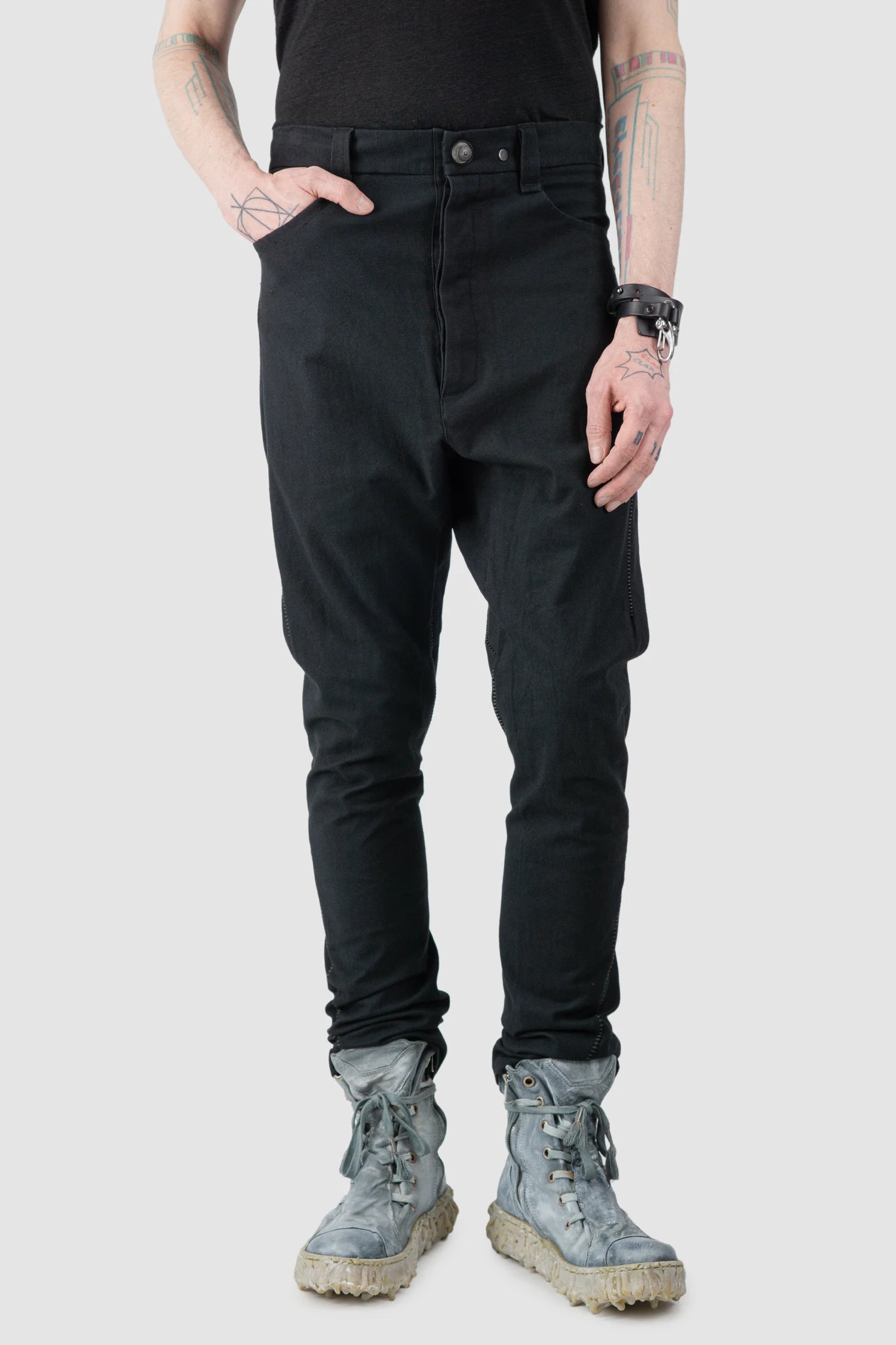 69 by Isaac Sellam - Men’s Black Scar Stitch Cotton Trousers model relaxed view