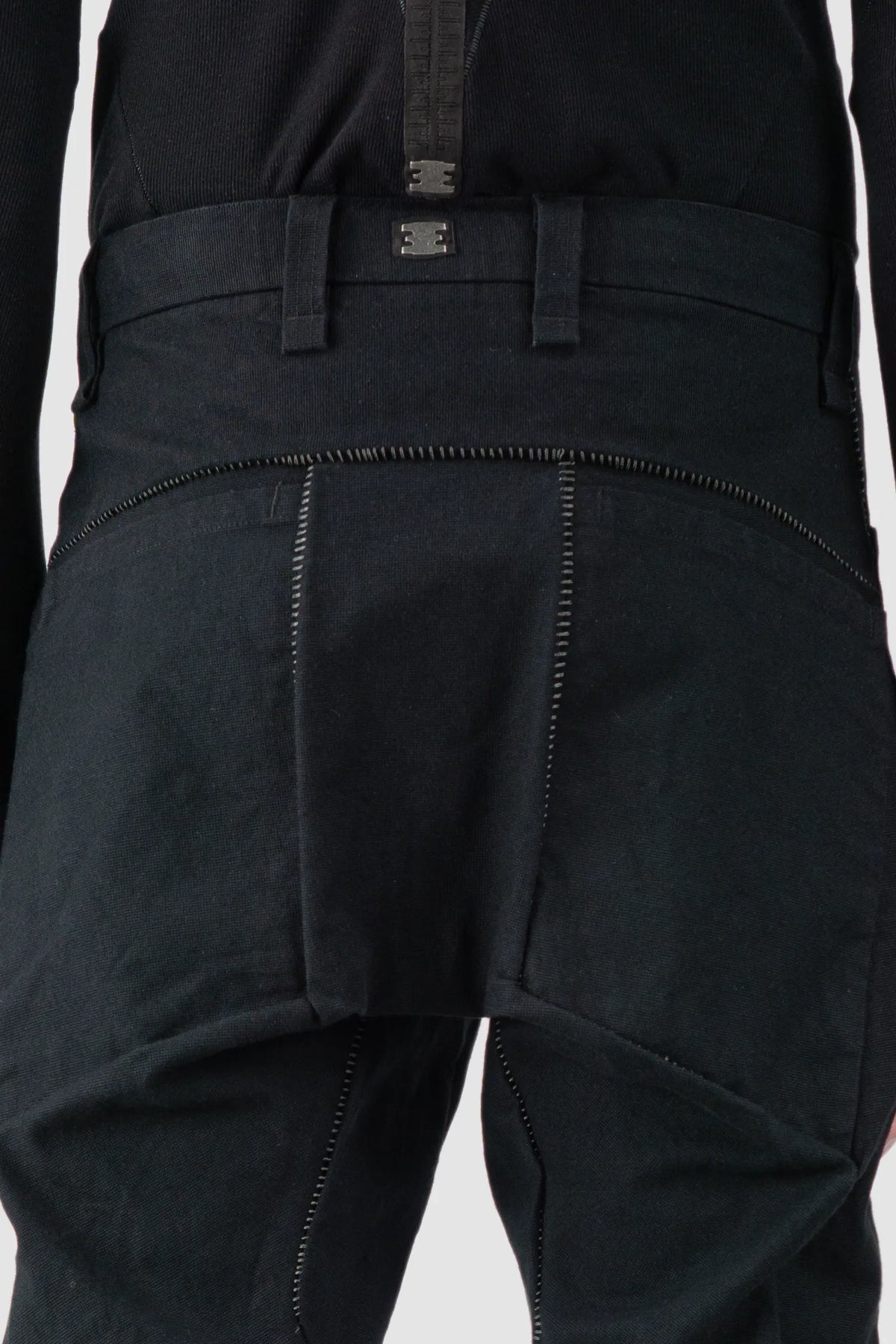 69 by Isaac Sellam - Men's Black Structured French Cotton Trousers - back detail view 69 by Isaac Sellam - Men's Black Structured French Cotton Trousers - back detail view