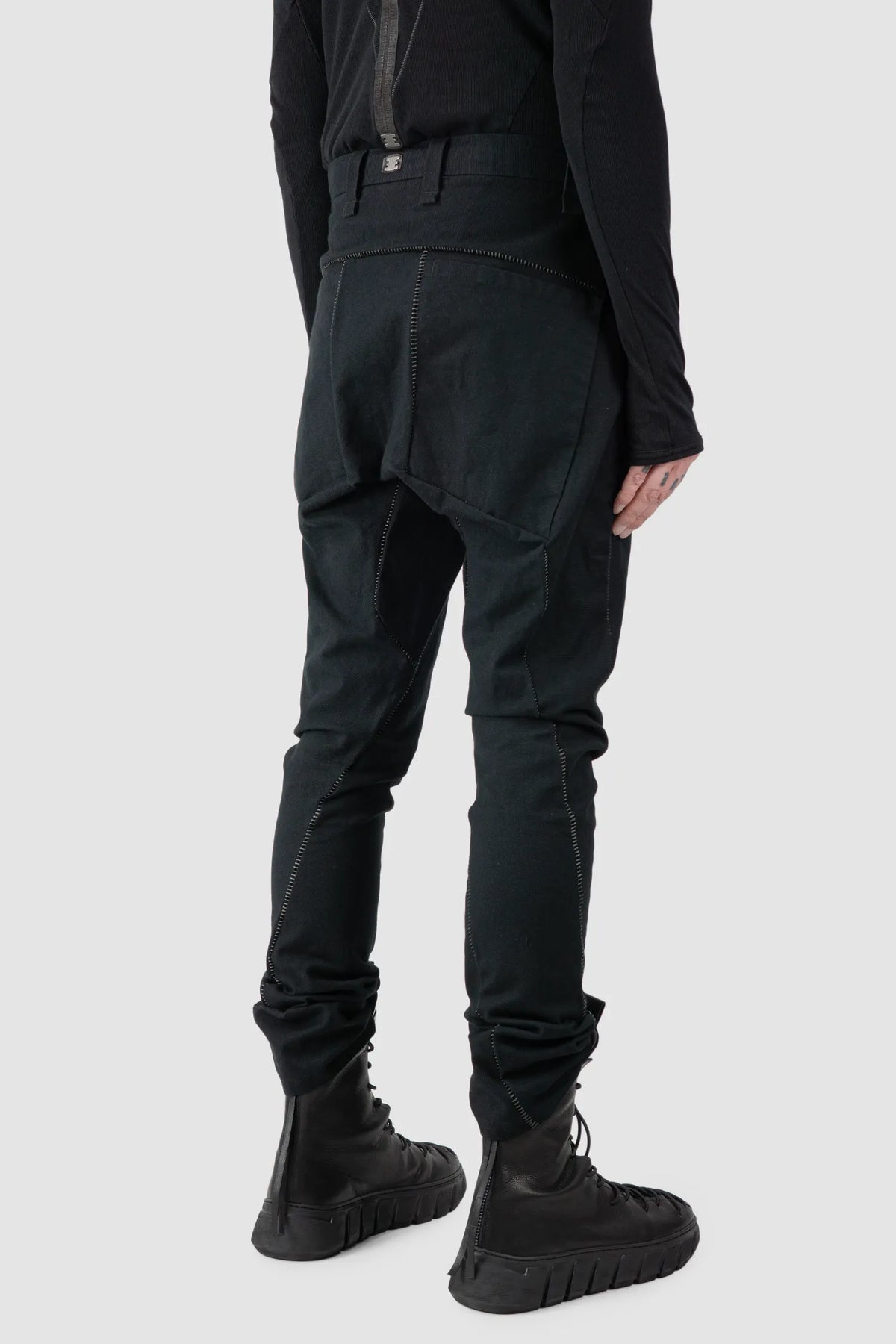69 by Isaac Sellam - Men's Black Structured French Cotton Trousers - model back side view 69 by Isaac Sellam - Men's Black Structured French Cotton Trousers - model back side view