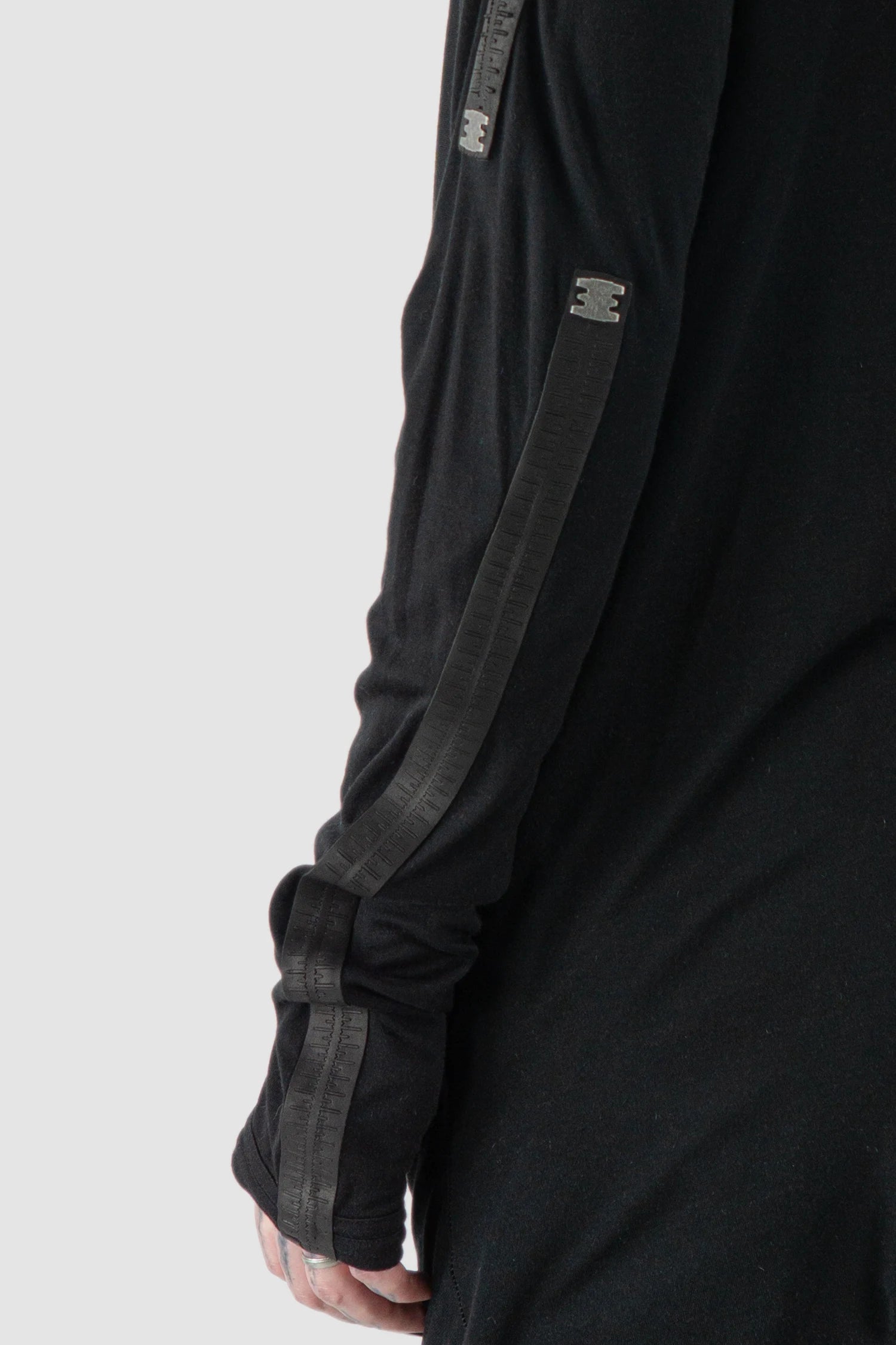 69 by Isaac Sellam - model arm detail view of Black Two Panel Modal Long Sleeve Tee