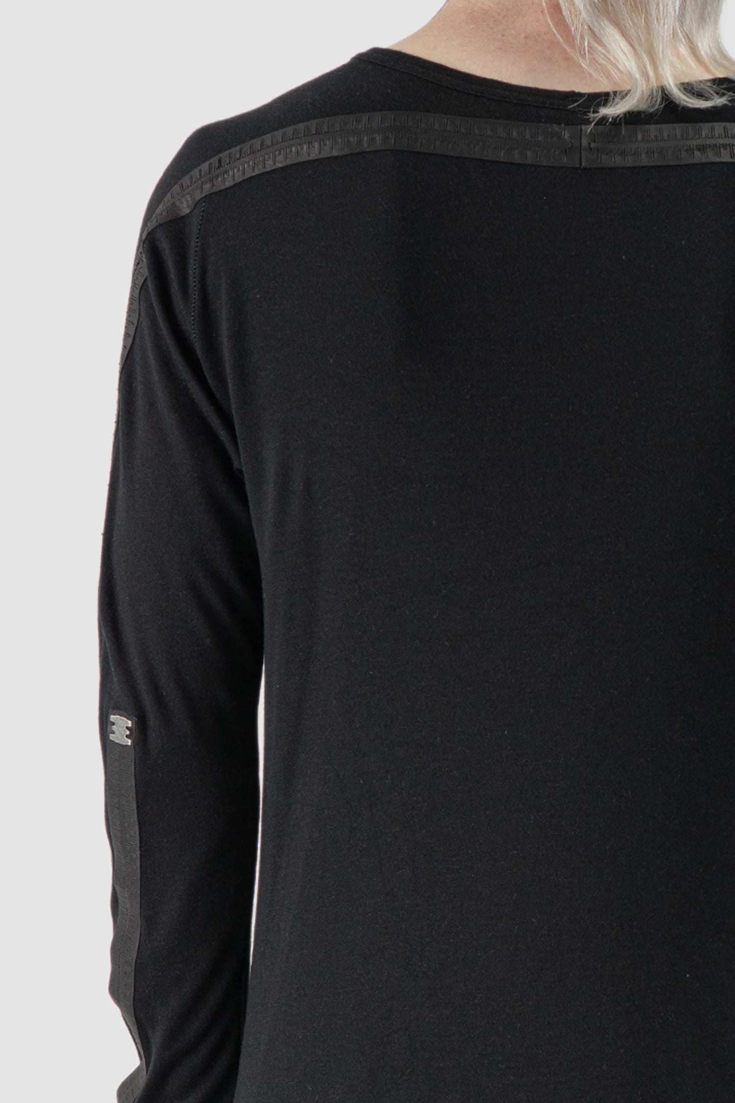 69 by Isaac Sellam - model back detail of Black Two Panel Modal Long Sleeve Tee