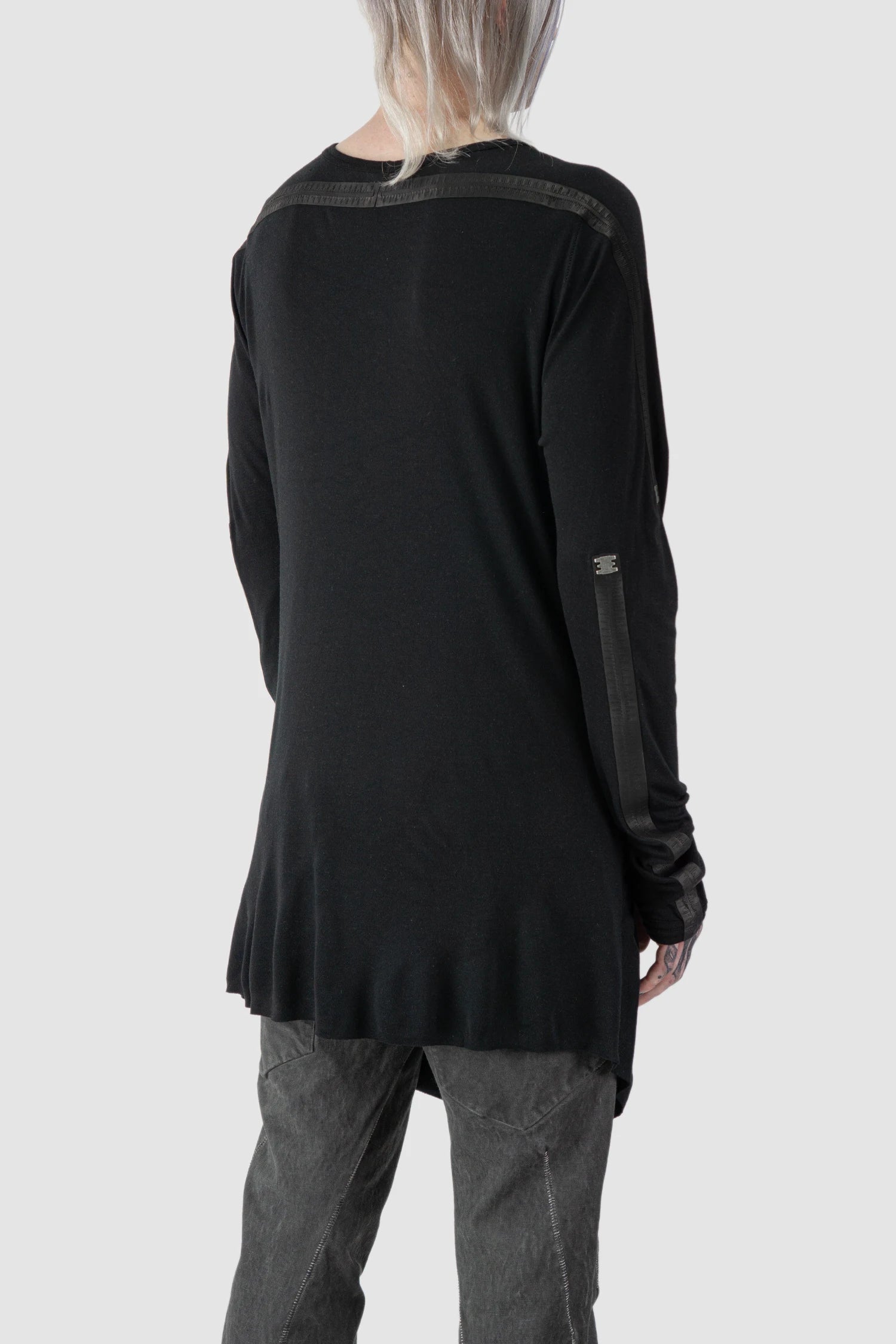 69 by Isaac Sellam - model back side view of Black Two Panel Modal Long Sleeve Tee