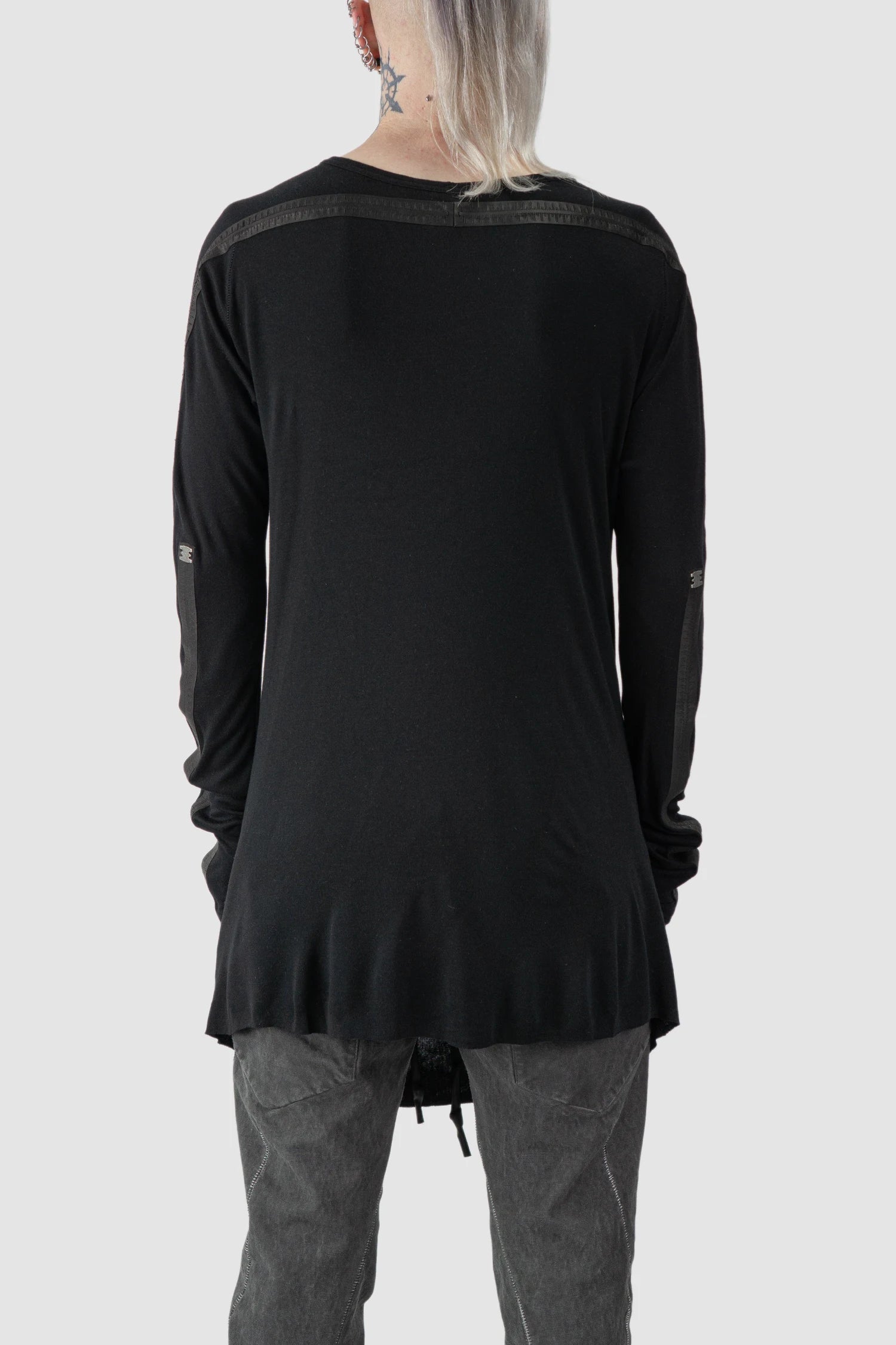 69 by Isaac Sellam - model back view of Black Two Panel Modal Long Sleeve Tee