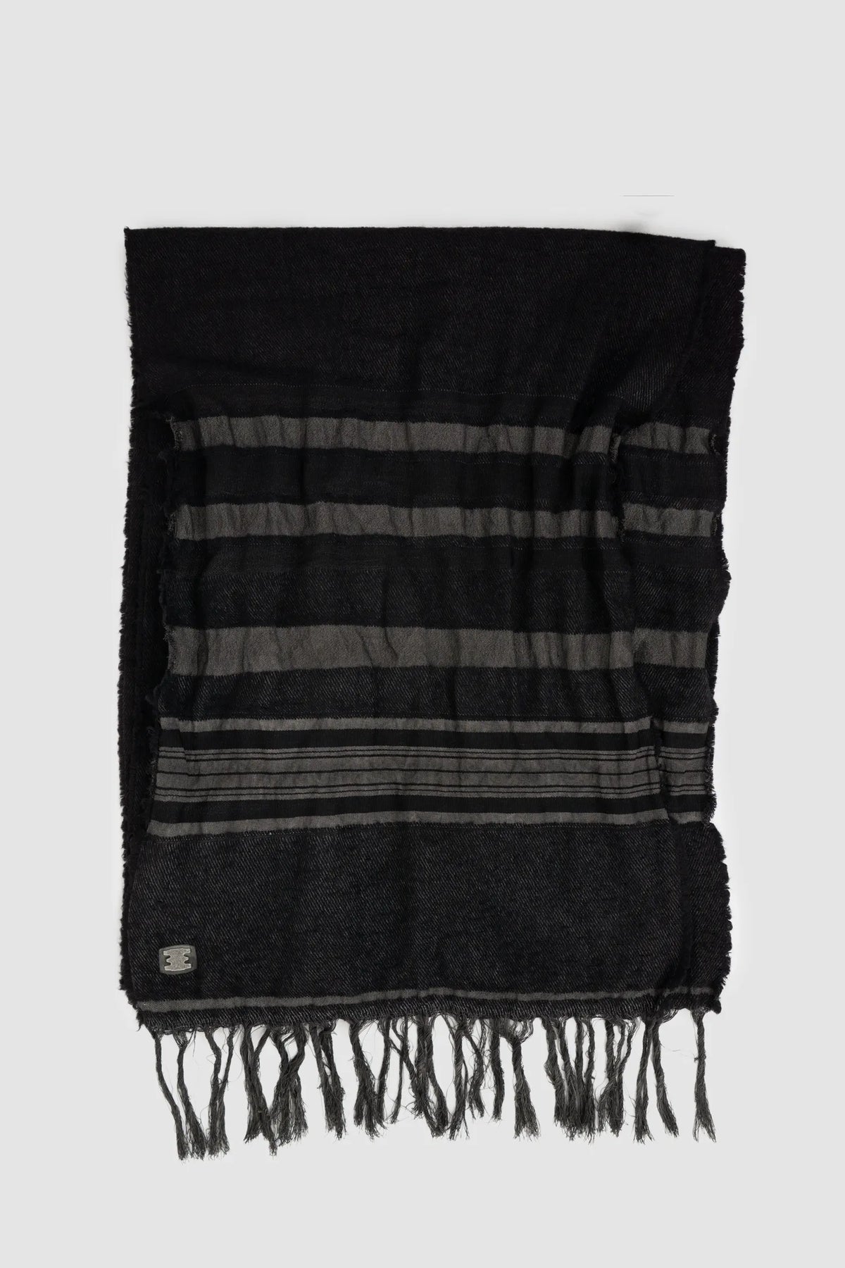 69 by Isaac Sellam - Men's Black Wool Blend Patch Scarf - item laid out front view - MONO-KROM | Gallery 69 by Isaac Sellam - Men's Black Wool Blend Patch Scarf - item laid out front view - MONO-KROM | Gallery