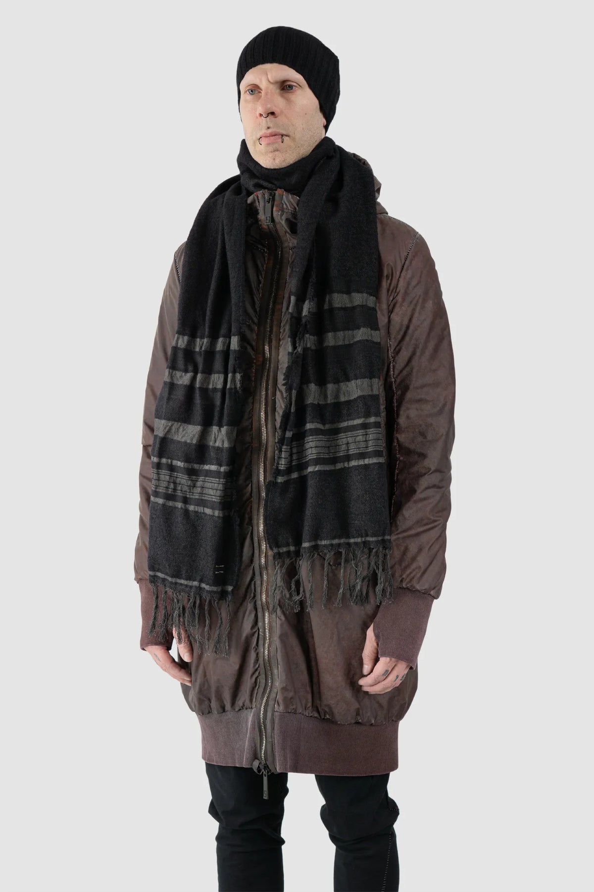 69 by Isaac Sellam - Men's Black Wool Blend Patch Scarf - model front side view 69 by Isaac Sellam - Men's Black Wool Blend Patch Scarf - model front side view