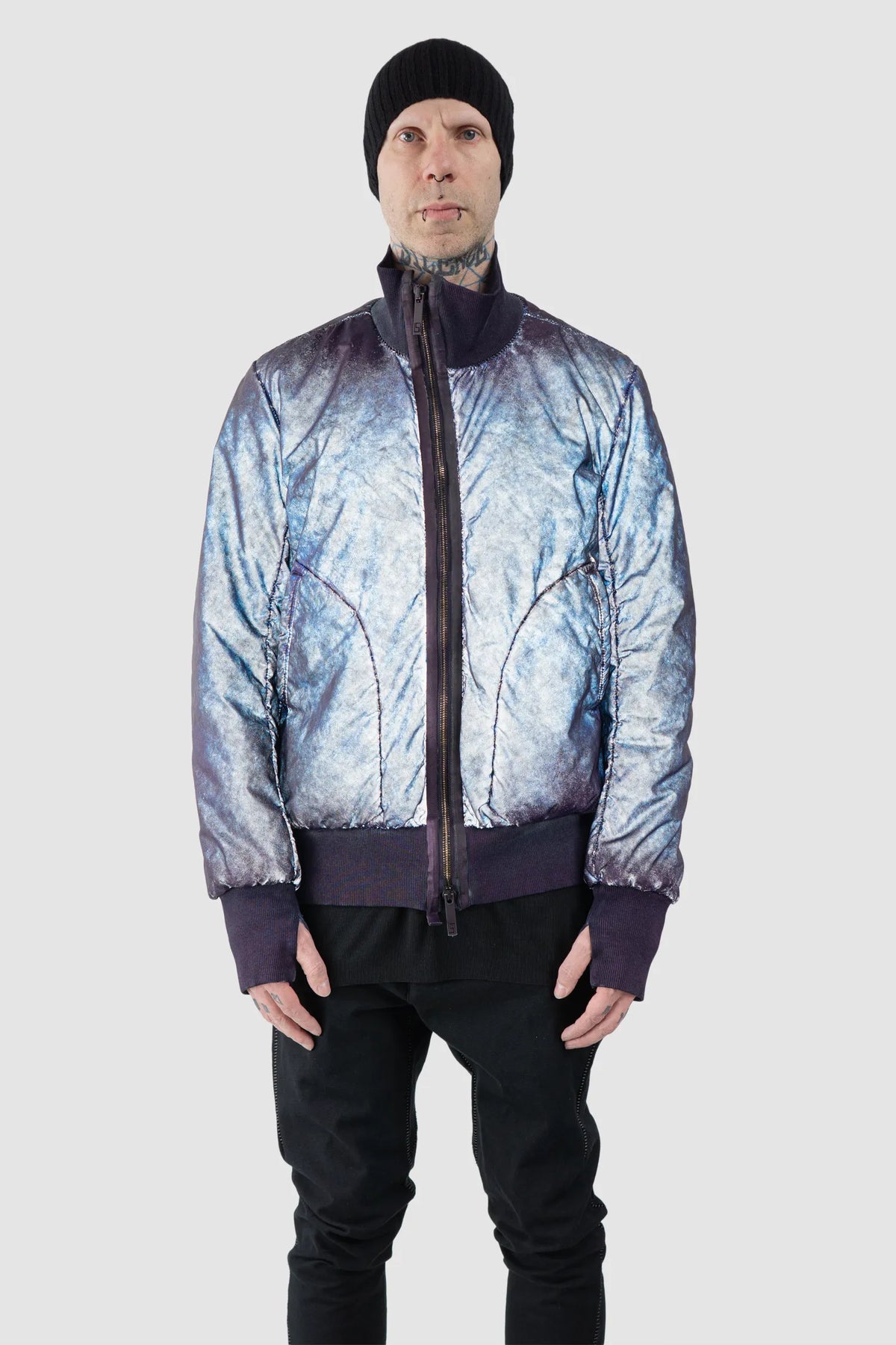 69 by Isaac Sellam - Men's Dirty Blue Reflective High Neck Bomber Jacket - model front flash effect view - MONO-KROM | Gallery 69 by Isaac Sellam - Men's Dirty Blue Reflective High Neck Bomber Jacket - model front flash effect view - MONO-KROM | Gallery