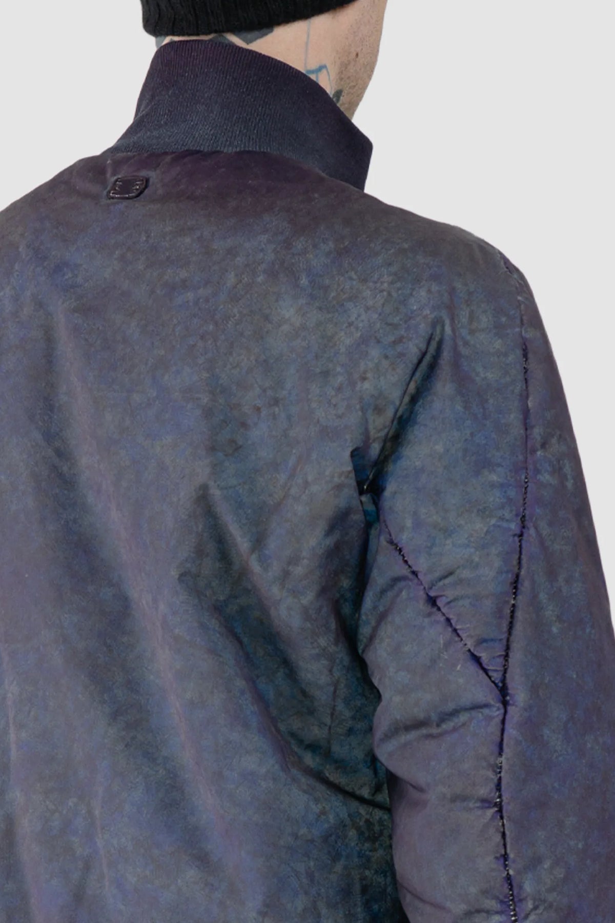 69 by Isaac Sellam - Men's Dirty Blue Reflective High Neck Bomber Jacket - neck detail view 69 by Isaac Sellam - Men's Dirty Blue Reflective High Neck Bomber Jacket - neck detail view