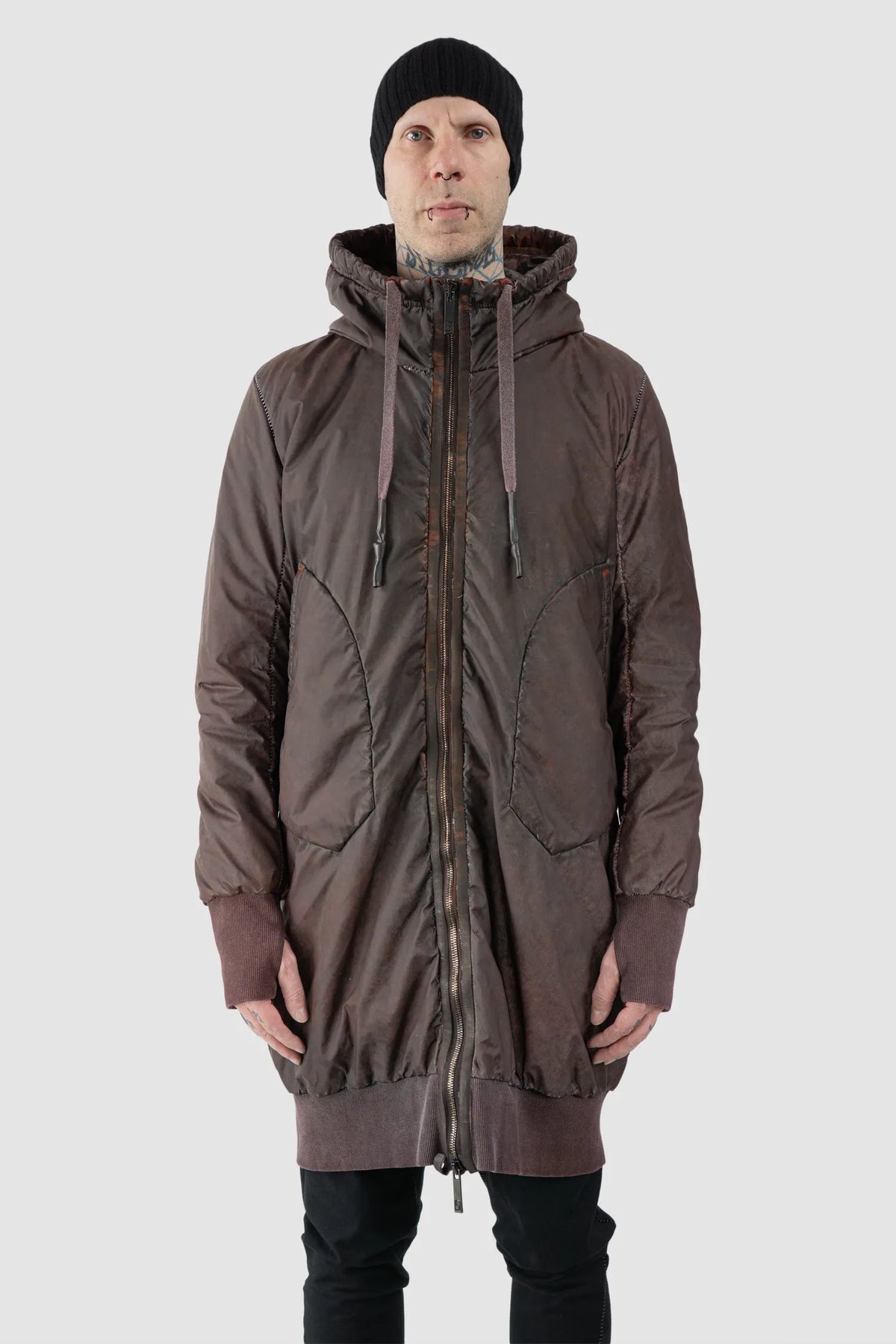 69 by Isaac Sellam - Men's Dirty Red Reflective Padded Parka Jacket - model front view - MONO-KROM | Gallery 69 by Isaac Sellam - Men's Dirty Red Reflective Padded Parka Jacket - model front view - MONO-KROM | Gallery