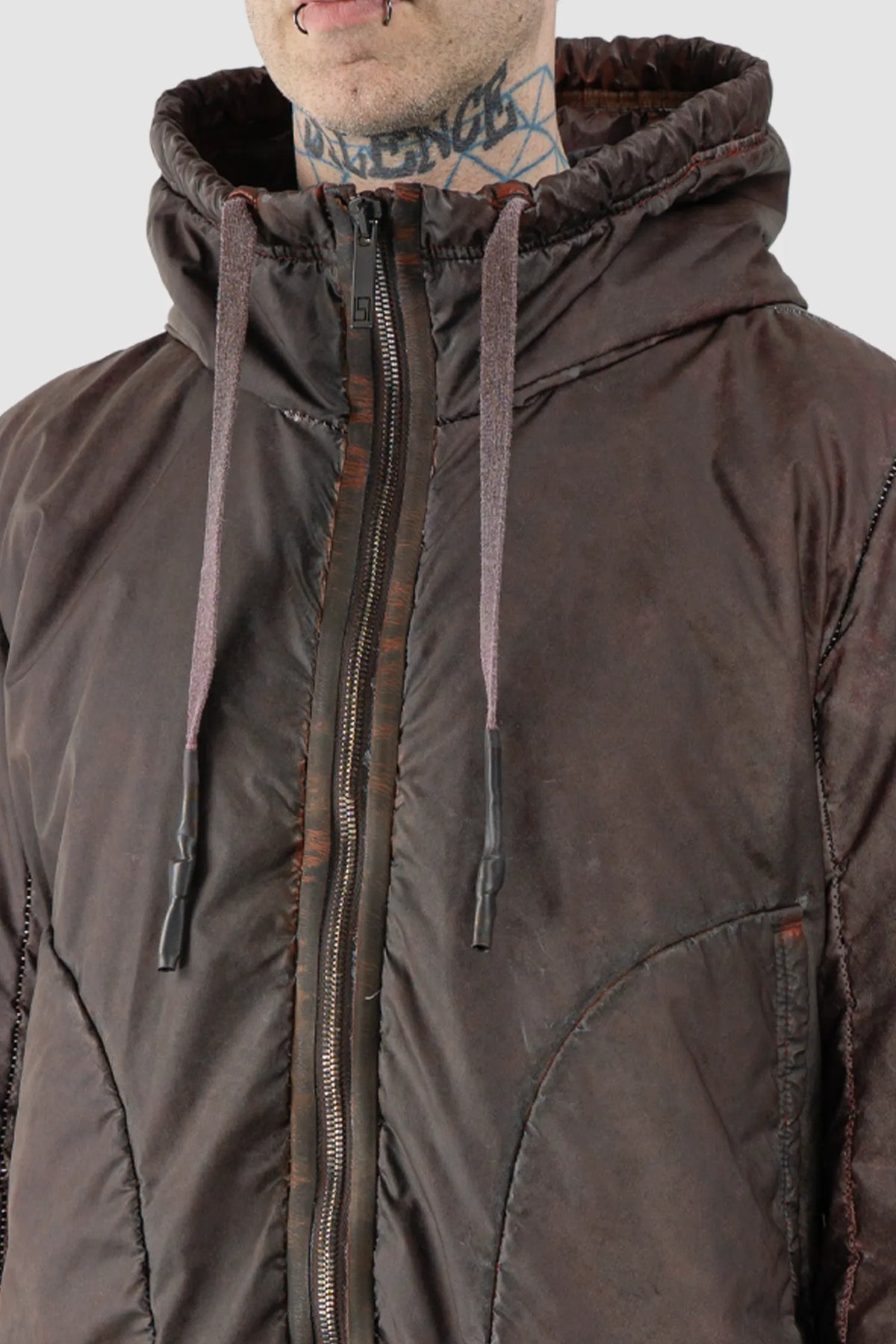 69 by Isaac Sellam - Men's Dirty Red Reflective Padded Parka Jacket - neck detail view 69 by Isaac Sellam - Men's Dirty Red Reflective Padded Parka Jacket - neck detail view