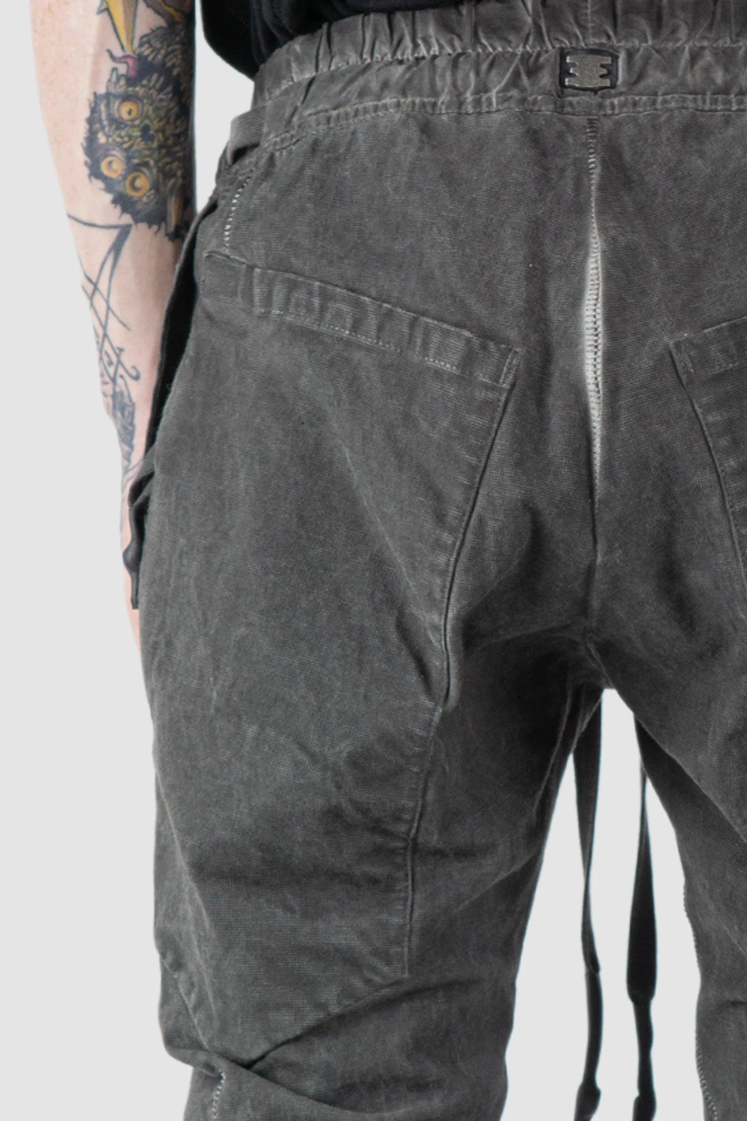 69 by Isaac Sellam - model back detail of Grey 6 Pocket Garment-Dyed Cotton Cargo Pants