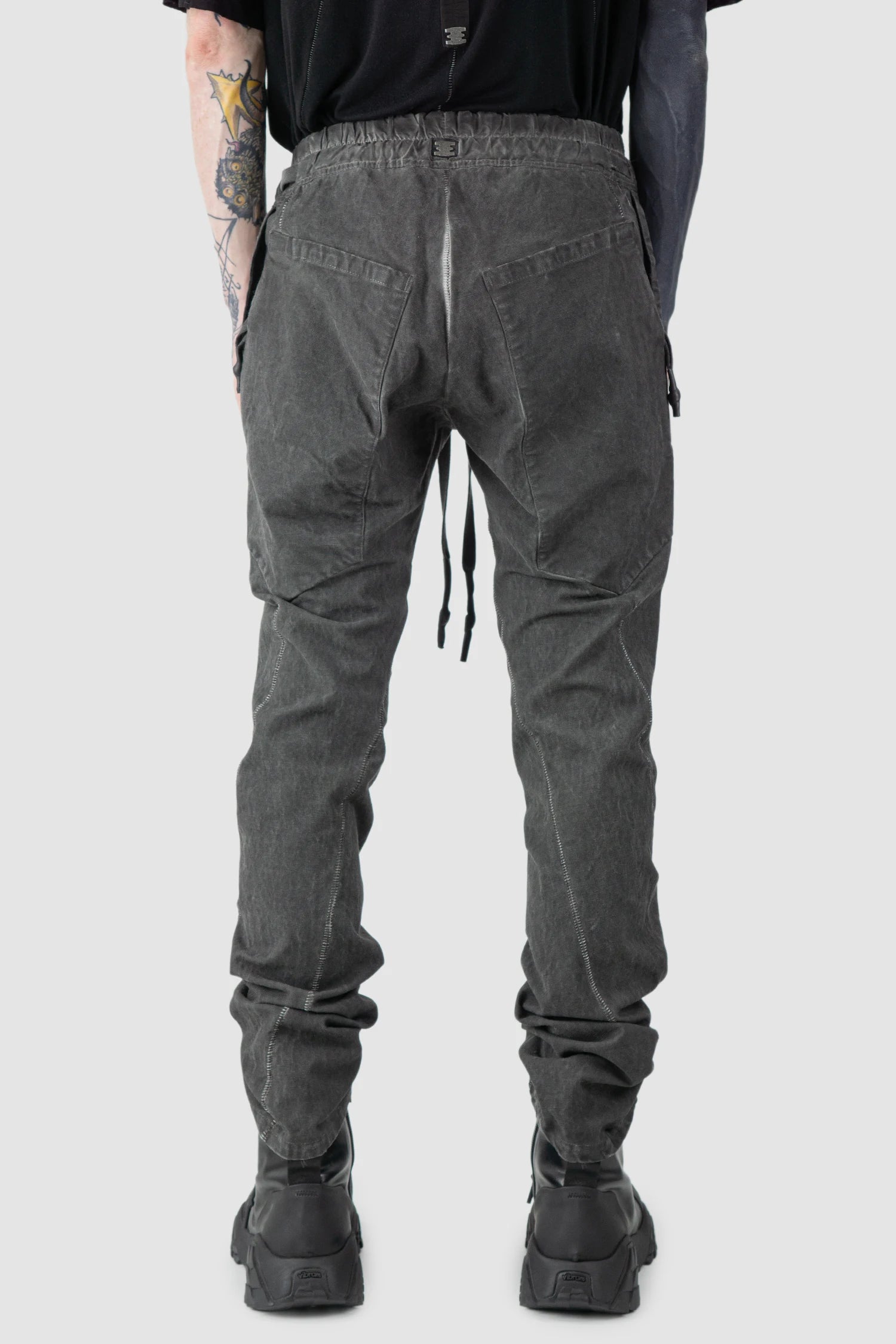 69 by Isaac Sellam - model back view of Grey 6 Pocket Garment-Dyed Cotton Cargo Pants