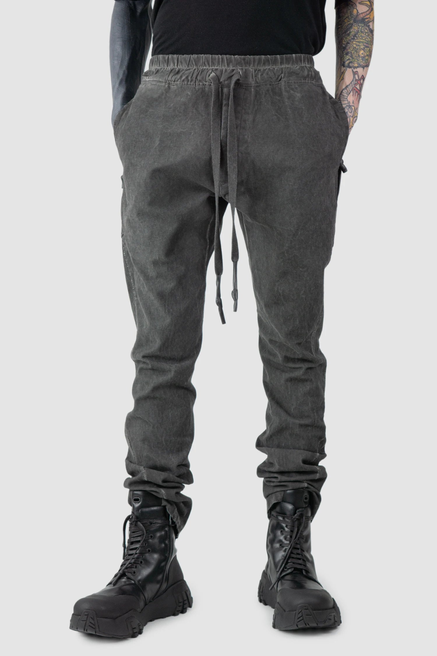 69 by Isaac Sellam - model front relaxed view of Grey 6 Pocket Garment-Dyed Cotton Cargo Pants