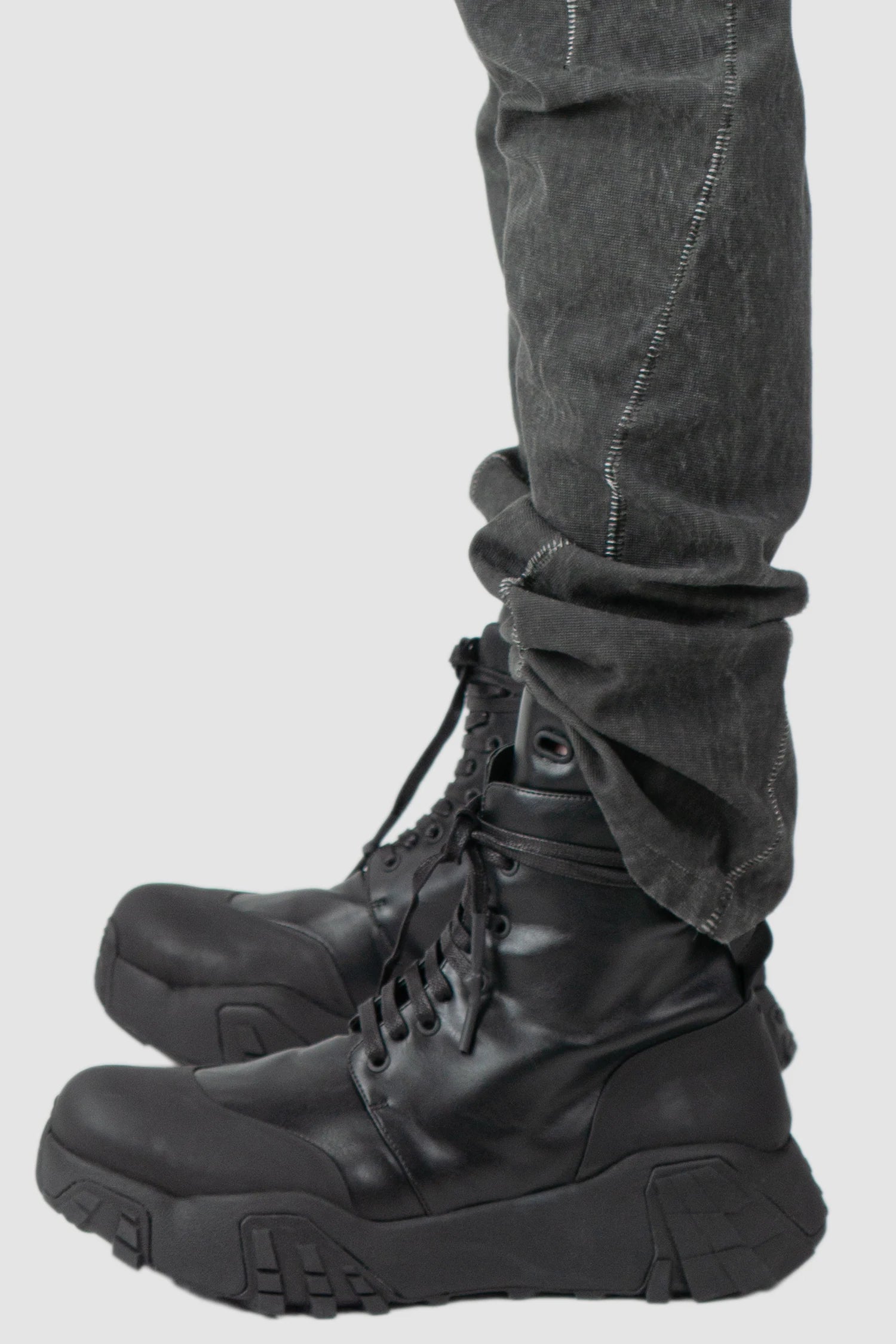 69 by Isaac Sellam - model hem detail of Grey 6 Pocket Garment-Dyed Cotton Cargo Pants