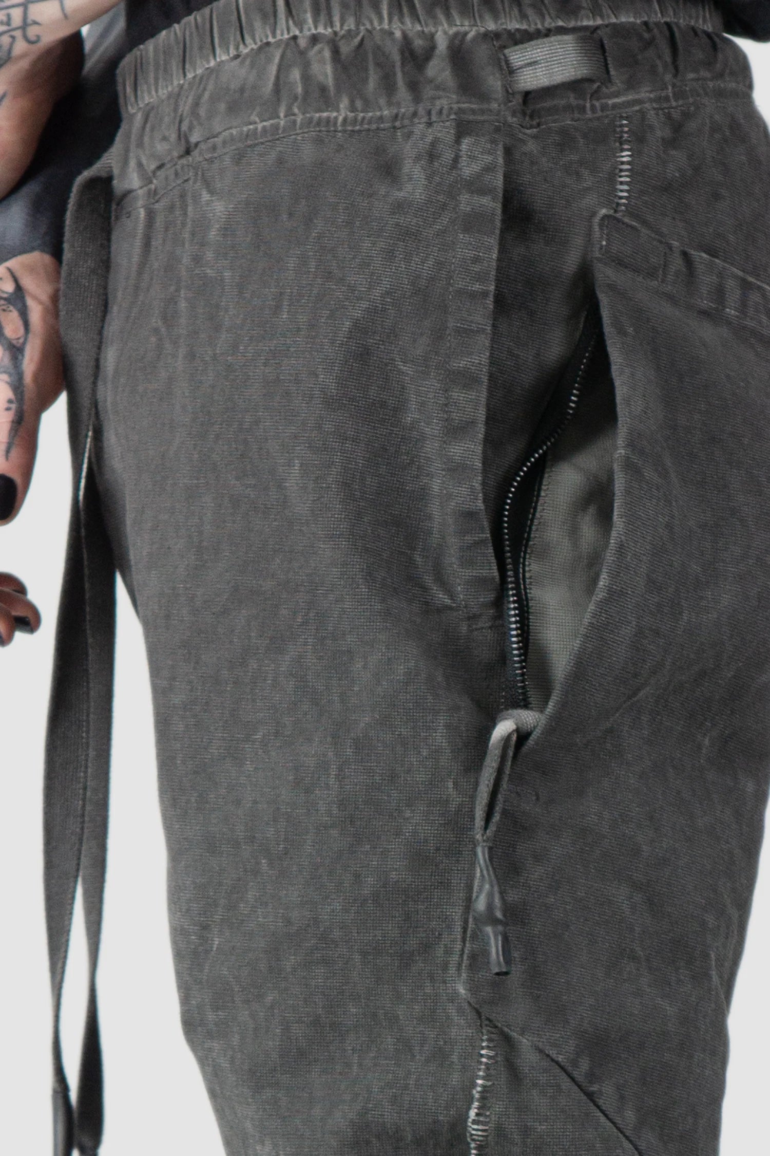 69 by Isaac Sellam - model pocket detail of Grey 6 Pocket Garment-Dyed Cotton Cargo Pants
