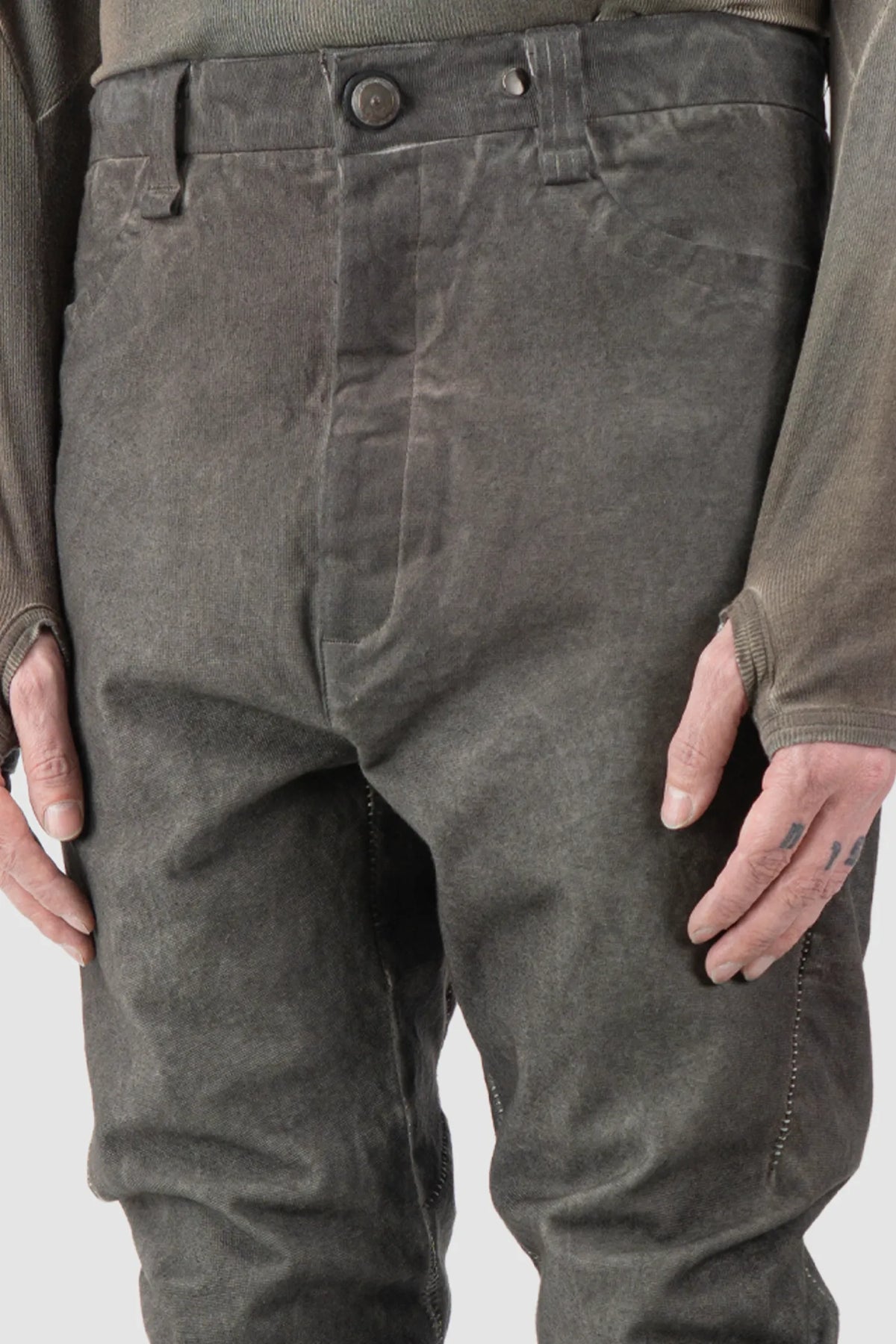 69 by Isaac Sellam - Men's Grey Chrome-Agnon Object Dyed Cotton Trousers - button detail view 69 by Isaac Sellam - Men's Grey Chrome-Agnon Object Dyed Cotton Trousers - button detail view