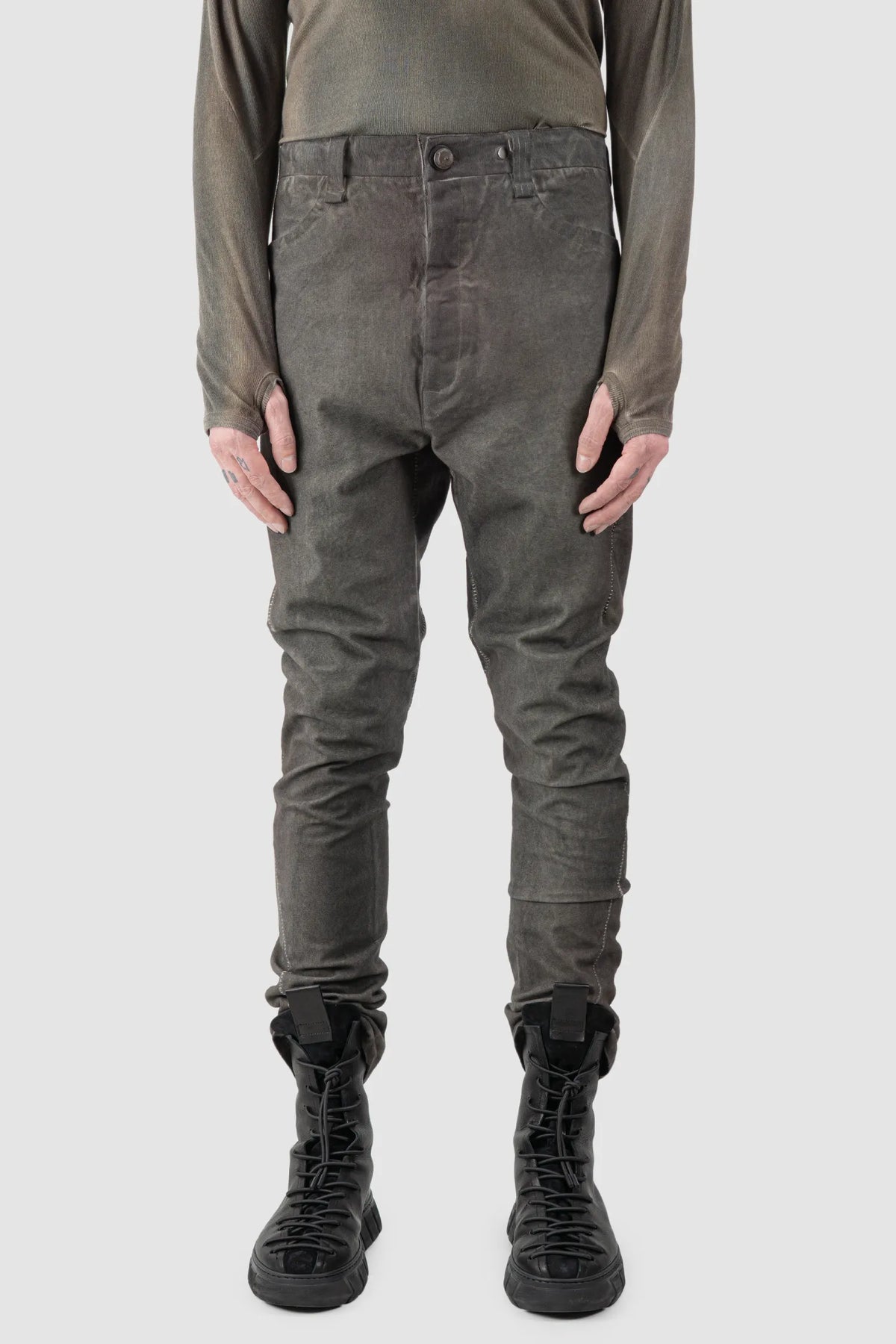69 by Isaac Sellam - Men's Grey Chrome-Agnon Object Dyed Cotton Trousers - model front view - MONO-KROM | Gallery 69 by Isaac Sellam - Men's Grey Chrome-Agnon Object Dyed Cotton Trousers - model front view - MONO-KROM | Gallery