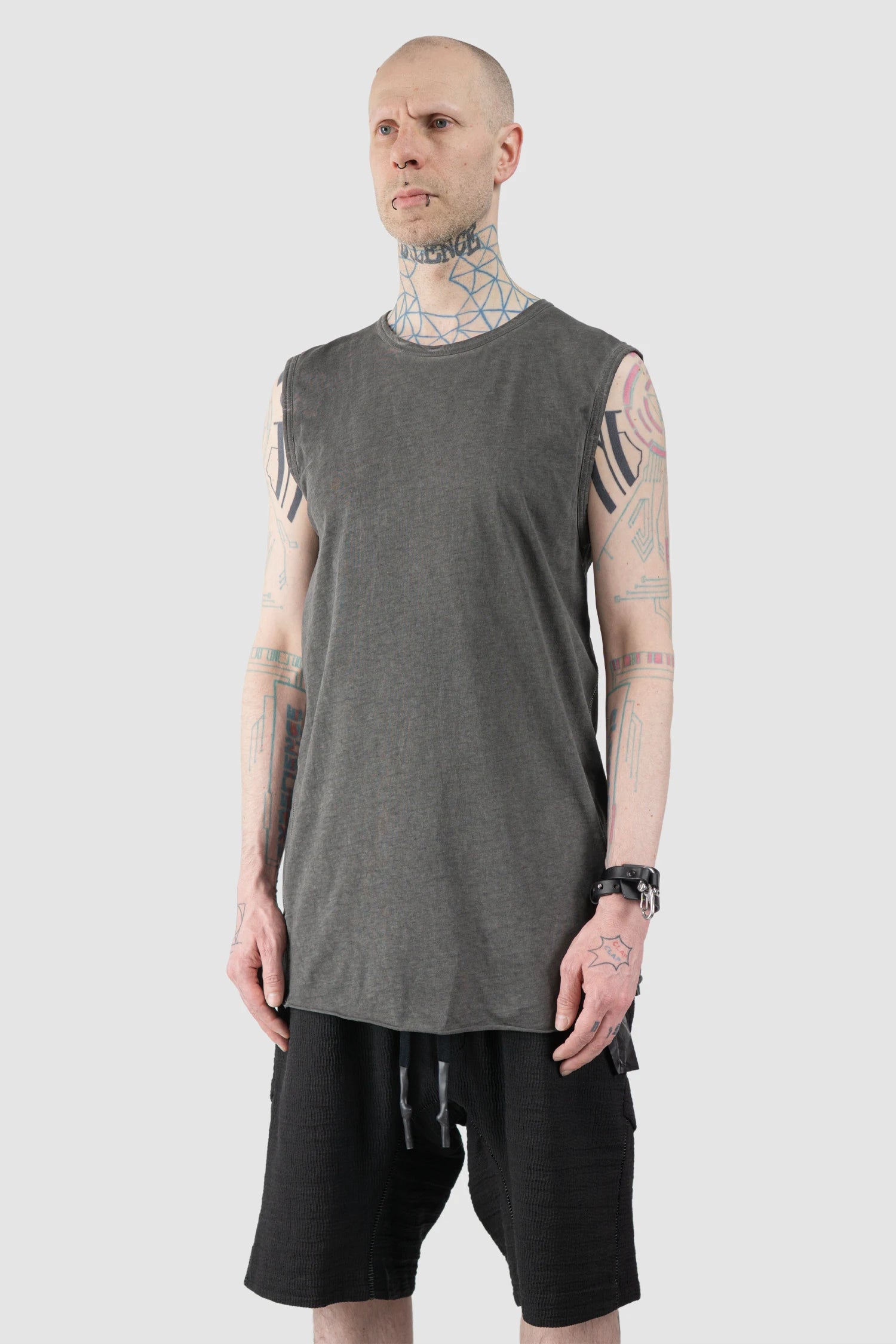 69 by Isaac Sellam - Men’s Grey Dyed Organic Cotton Jersey Tank Top model side view