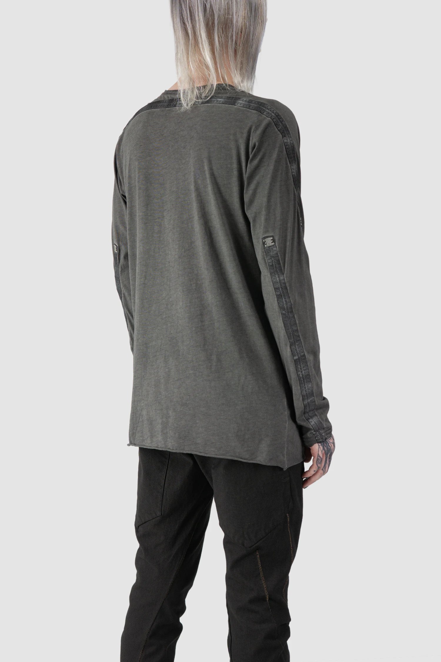 69 by Isaac Sellam - model back side view of Grey Object Dyed Leather Spine Long Sleeve T-Shirt