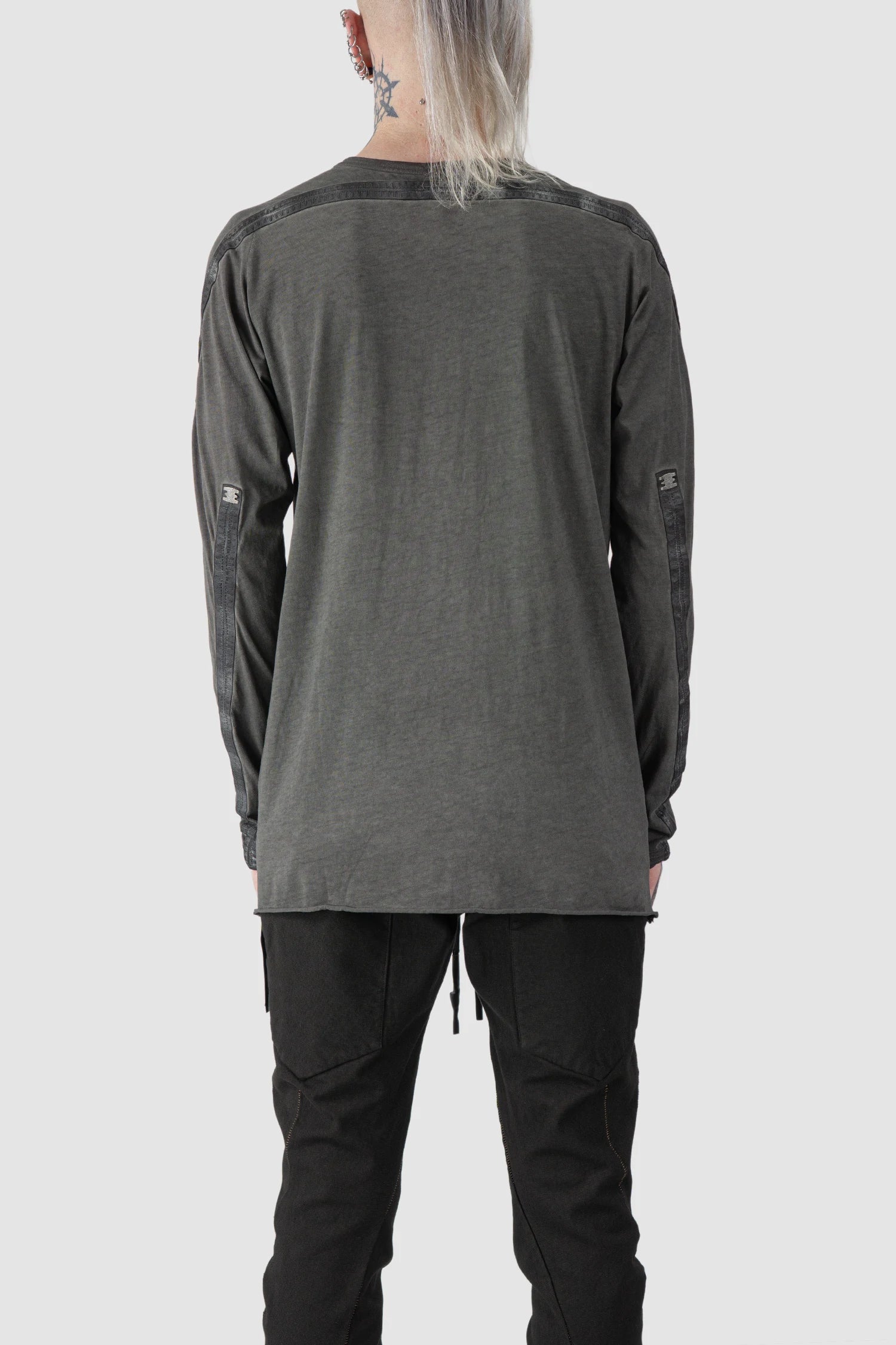 69 by Isaac Sellam - model back view of Grey Object Dyed Leather Spine Long Sleeve T-Shirt