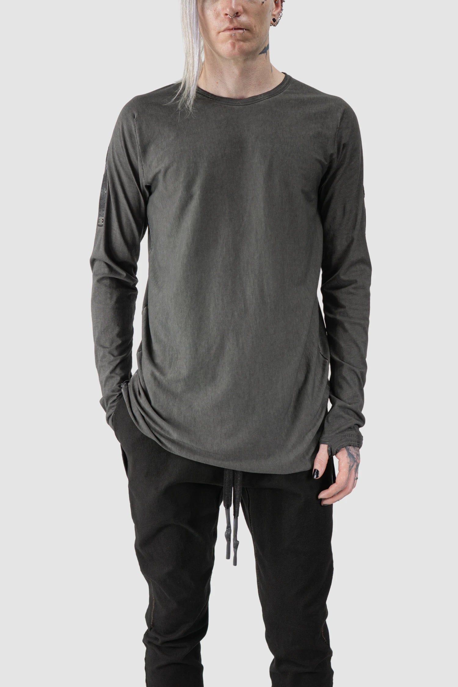 69 by Isaac Sellam - model front relaxed view of Grey Object Dyed Leather Spine Long Sleeve T-Shirt